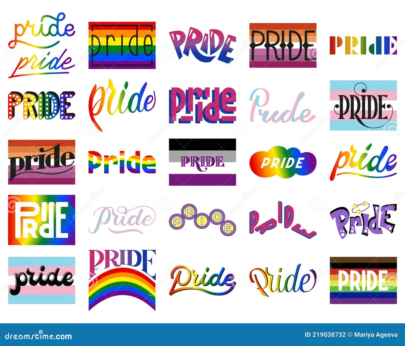 26 Lettering Spellings of the Word Pride for Pride Month Stock Vector