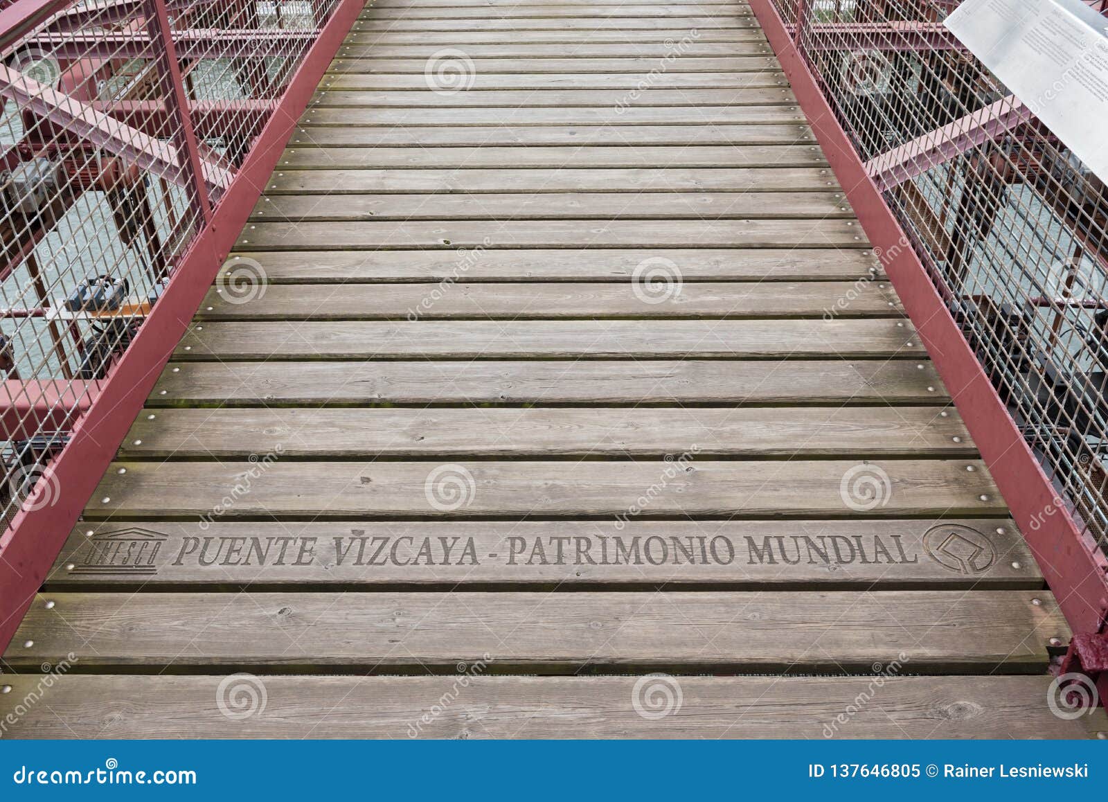 lettering unesco puente vizcaya-patrimonio mundial on the suspension bridge of bizkaia puente de vizcaya between getxo and