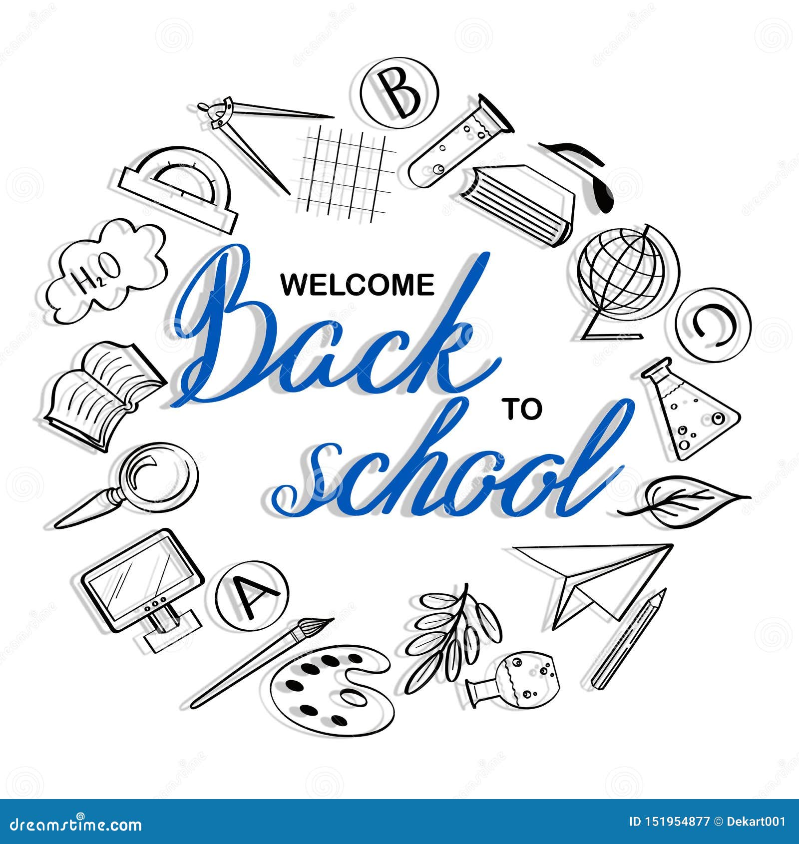 lettering welcome back to school banner with texture from line art icons of education, science objects  on the white background.