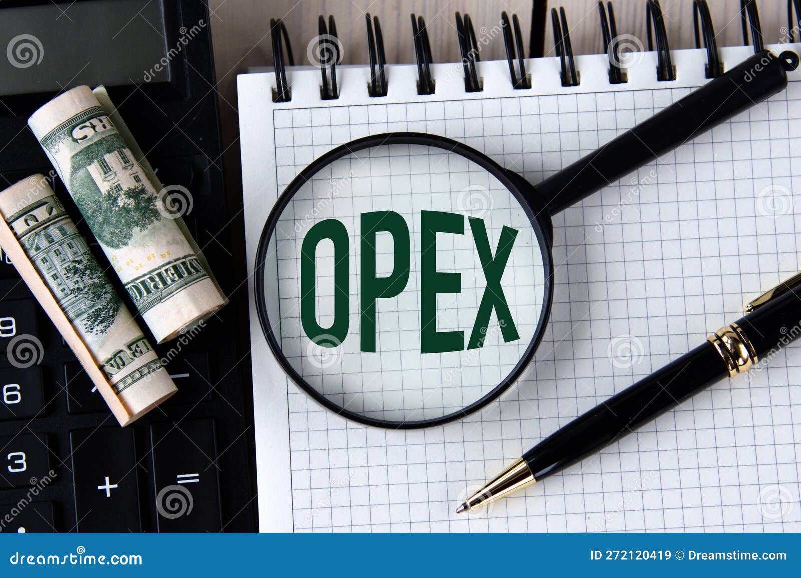 letters opex under a magnifying glass on a white notebook against the background of a fragment of a calculator and banknotes