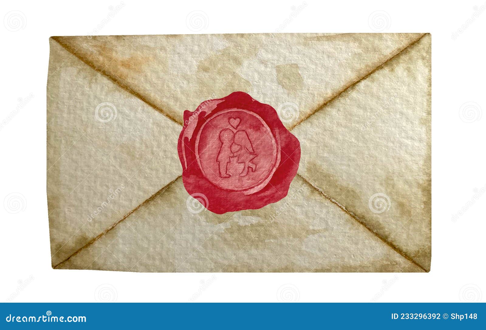 Lettre D'enveloppe Vintage Aquarelle Avec Sceau De Cire Rouge Sur Blanc.  Lettre Ancienne Valentine Illustration Stock - Illustration du  qualifications, poteau: 233296392