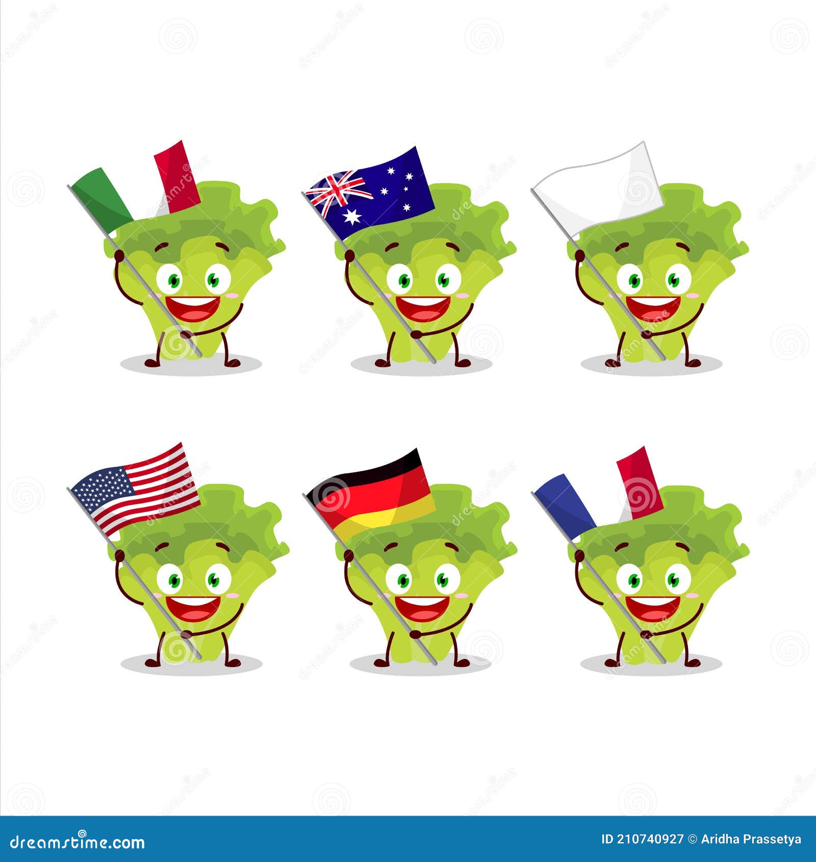 Lettuge Personaje De Dibujos Animados Llevar Las Banderas De Varios Países  Ilustración del Vector - Ilustración de divertido, saturado: 210740927