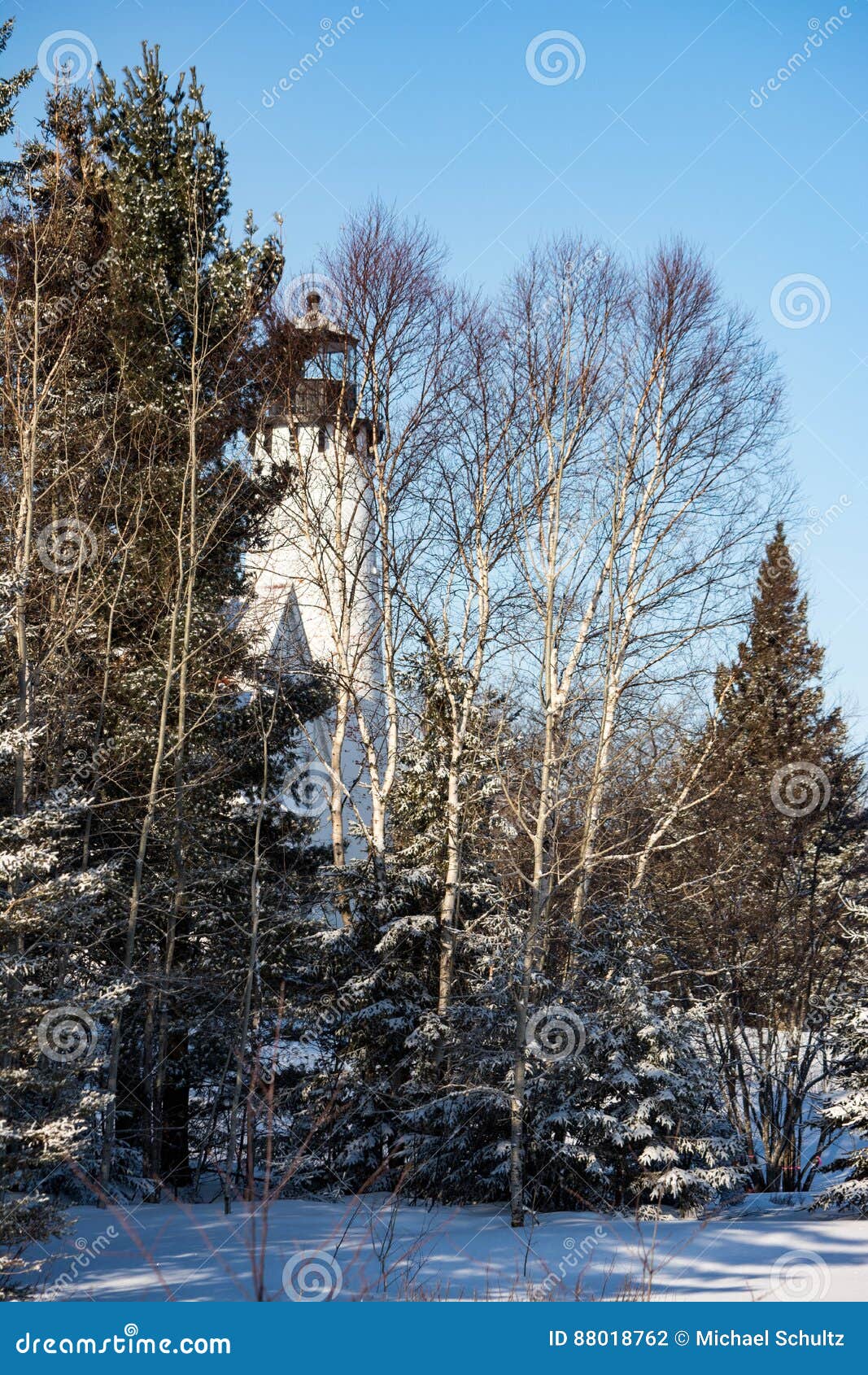 Leuchtturm und Bäume. Winterszene mit Leuchtturm und Kiefern