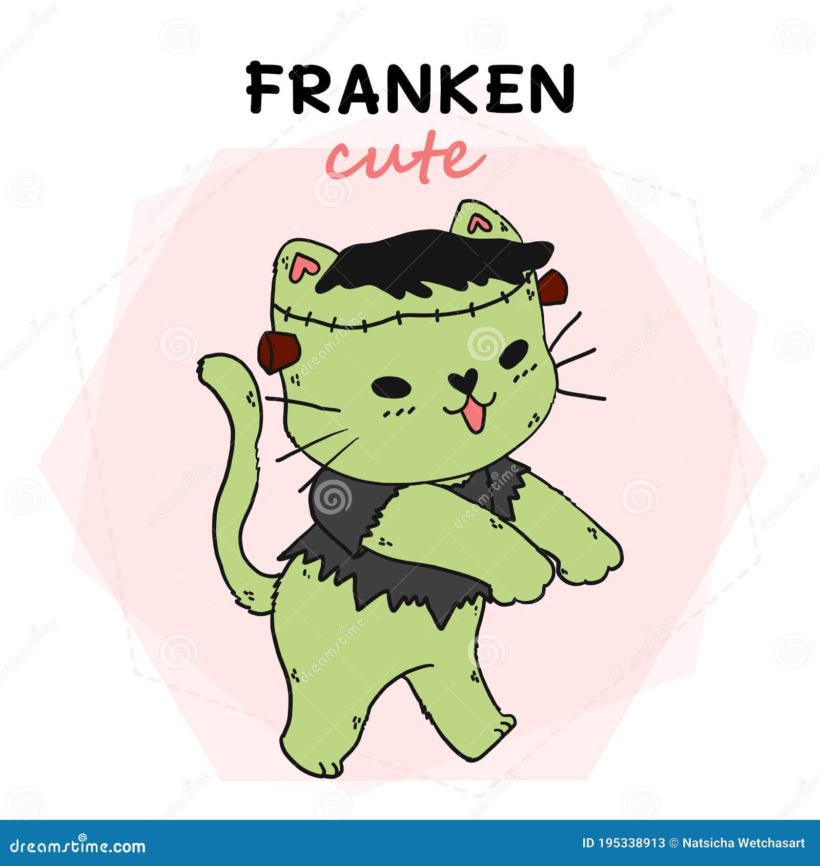 Leuk Kattengroen Frankenstein Grappig Halloween Frank Leuk Idee Voor Sublimatisering Printkaartsticker Vector Illustratie Illustration of gelukkig, kaart: 195338913