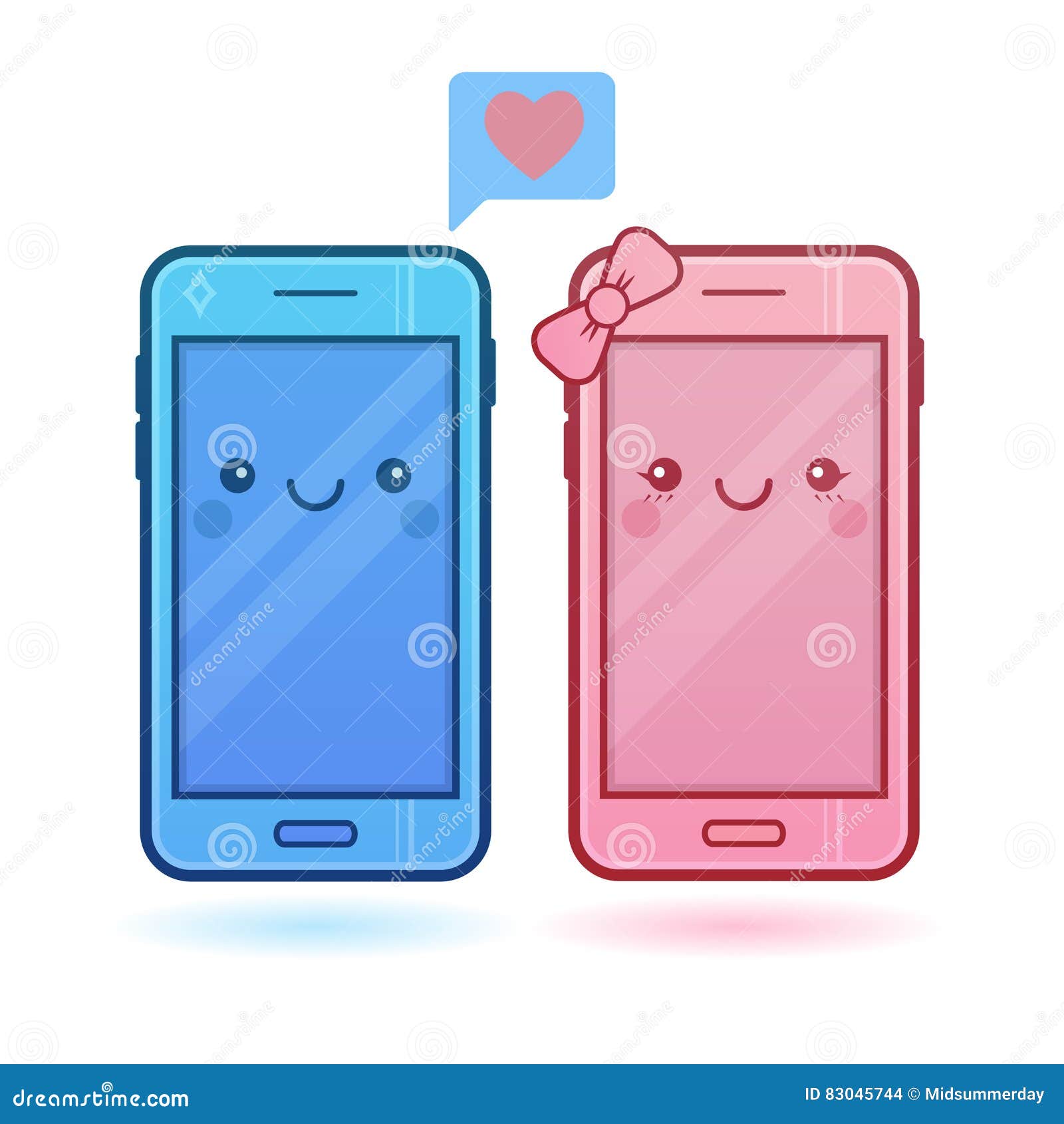 Leuke Smartphones Met En Hart Kawaii Vrolijke Blauwe En Roze Mobiles Vector - Illustration of emotie, pictogram: 83045744