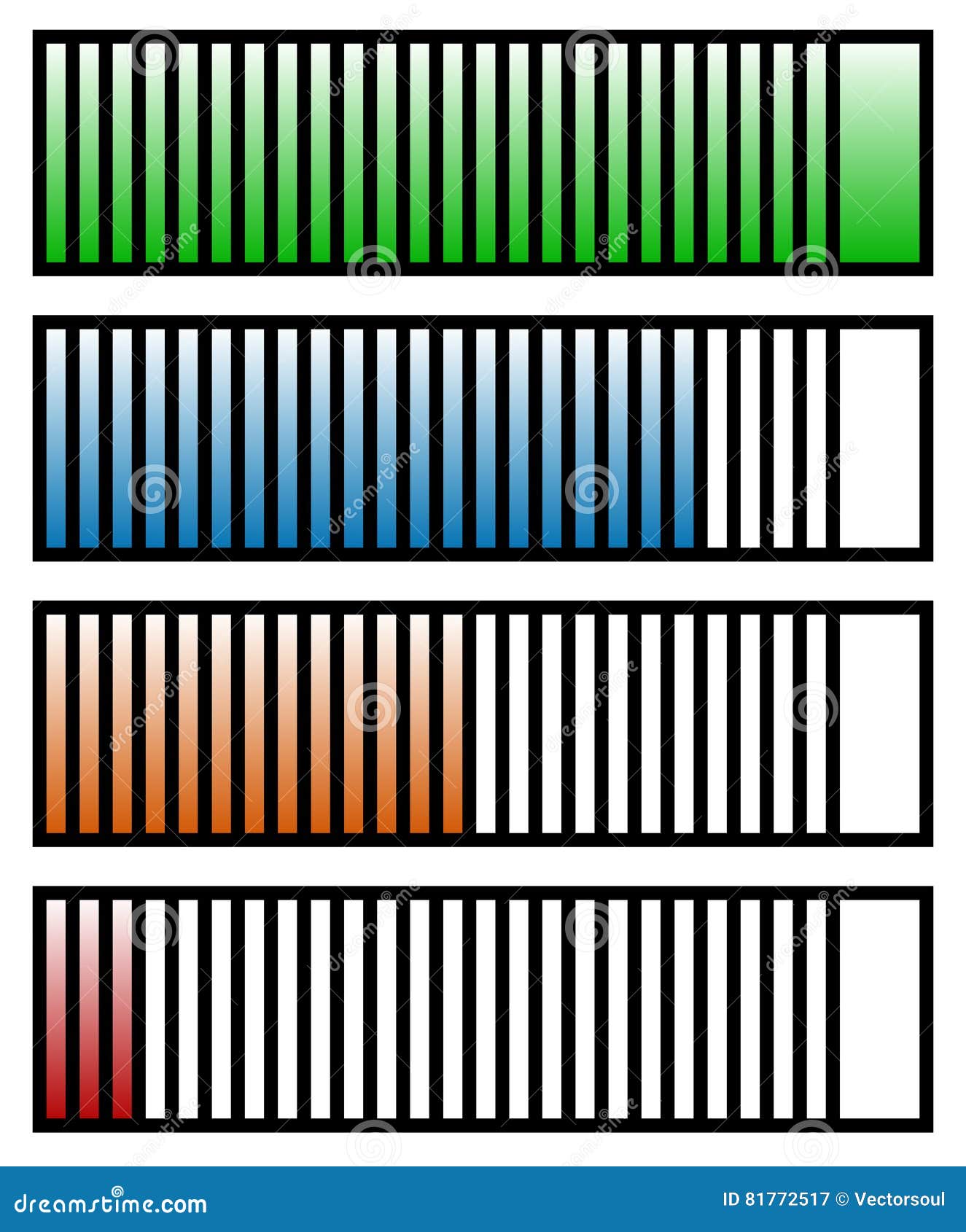 Level, progress indicators with levels in sequence from low to high. Phase, step indicators, generic meters for measurement, progression or completion concepts. - Royalty free vector illustration