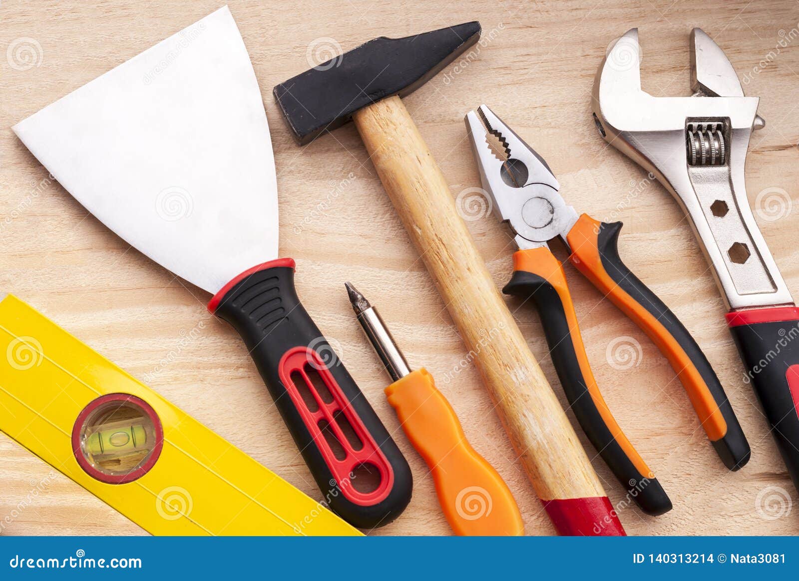 Level, Spatula, Screwdriver, Hammer, Pliers, Adjustable Wrench. Set of