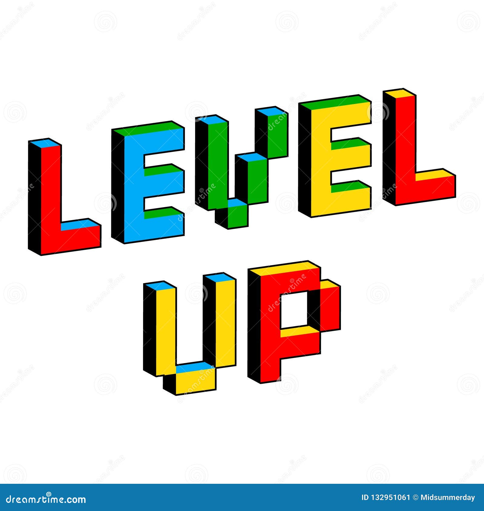 level up text in style of old 8-bit video games. vibrant colorful 3d pixel letters. creative digital  poster