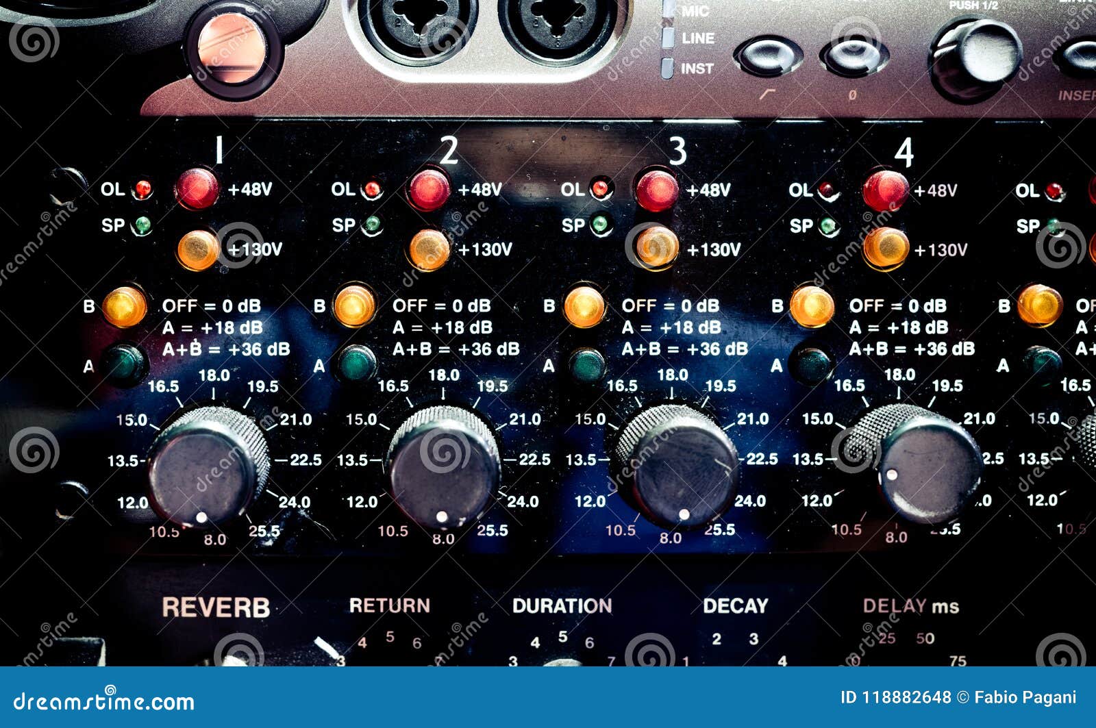 Levels and Knobs on Professional Electronic Audio Equipment Stock Photo