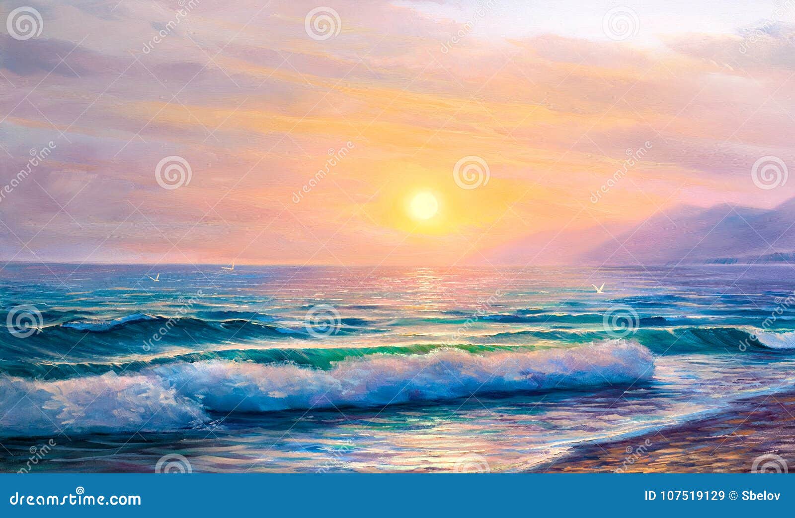 Lever De Soleil Au Dessus De Mer Paysage Marin De Peinture