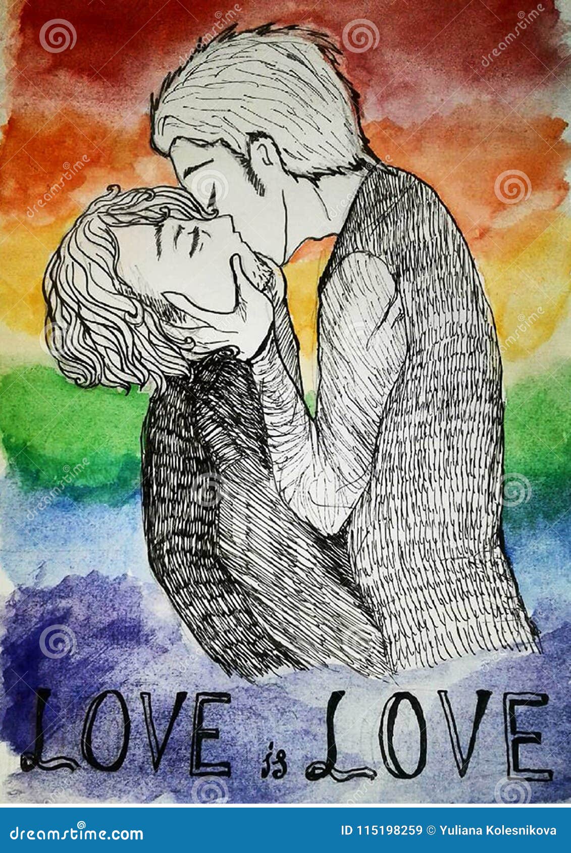 Anime Boys Kissing - LGBT+ Love with a Rainbow Background Poster
