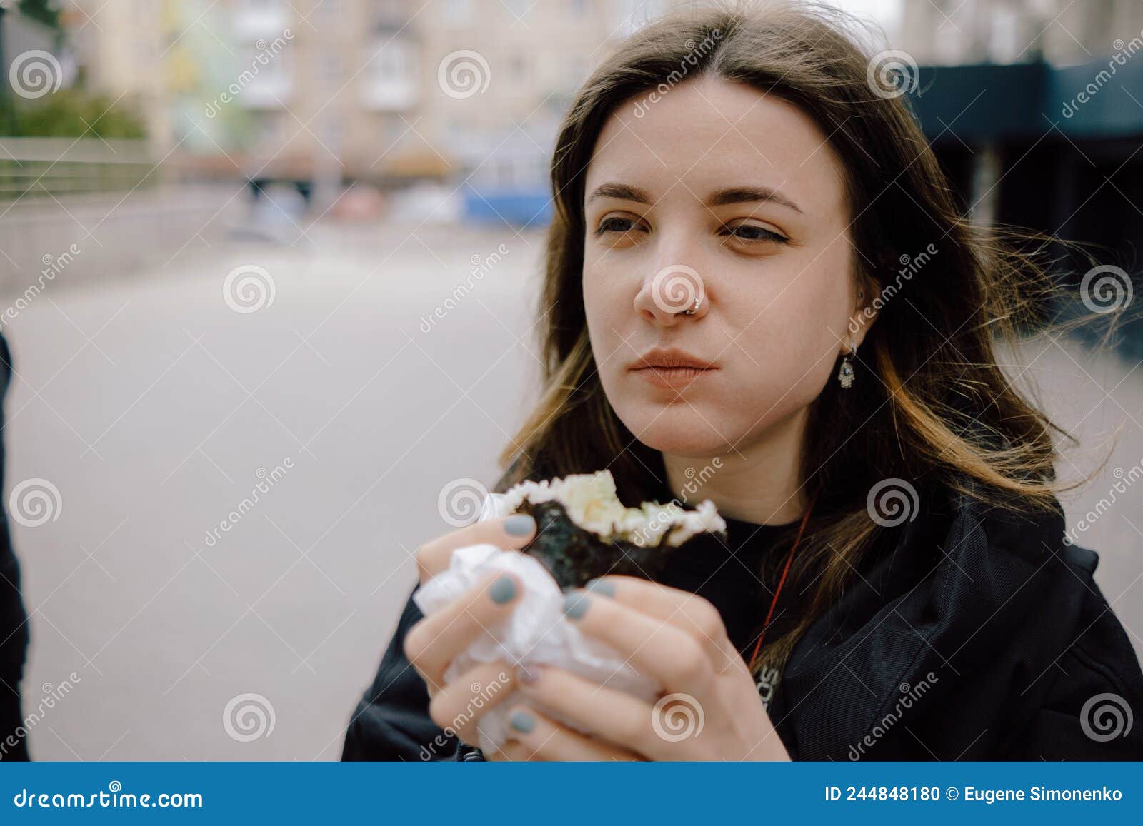 Lgbt Lesbian Woman Eat Sushi Rolls On The Walk Asian Cafe Street Stock