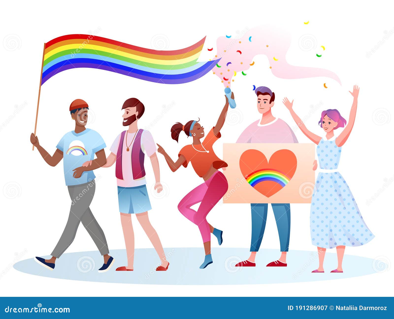 Lgbt Pride Parade Vector Illustration Cartoon Flat Happy Homosexual And Transgender People Take