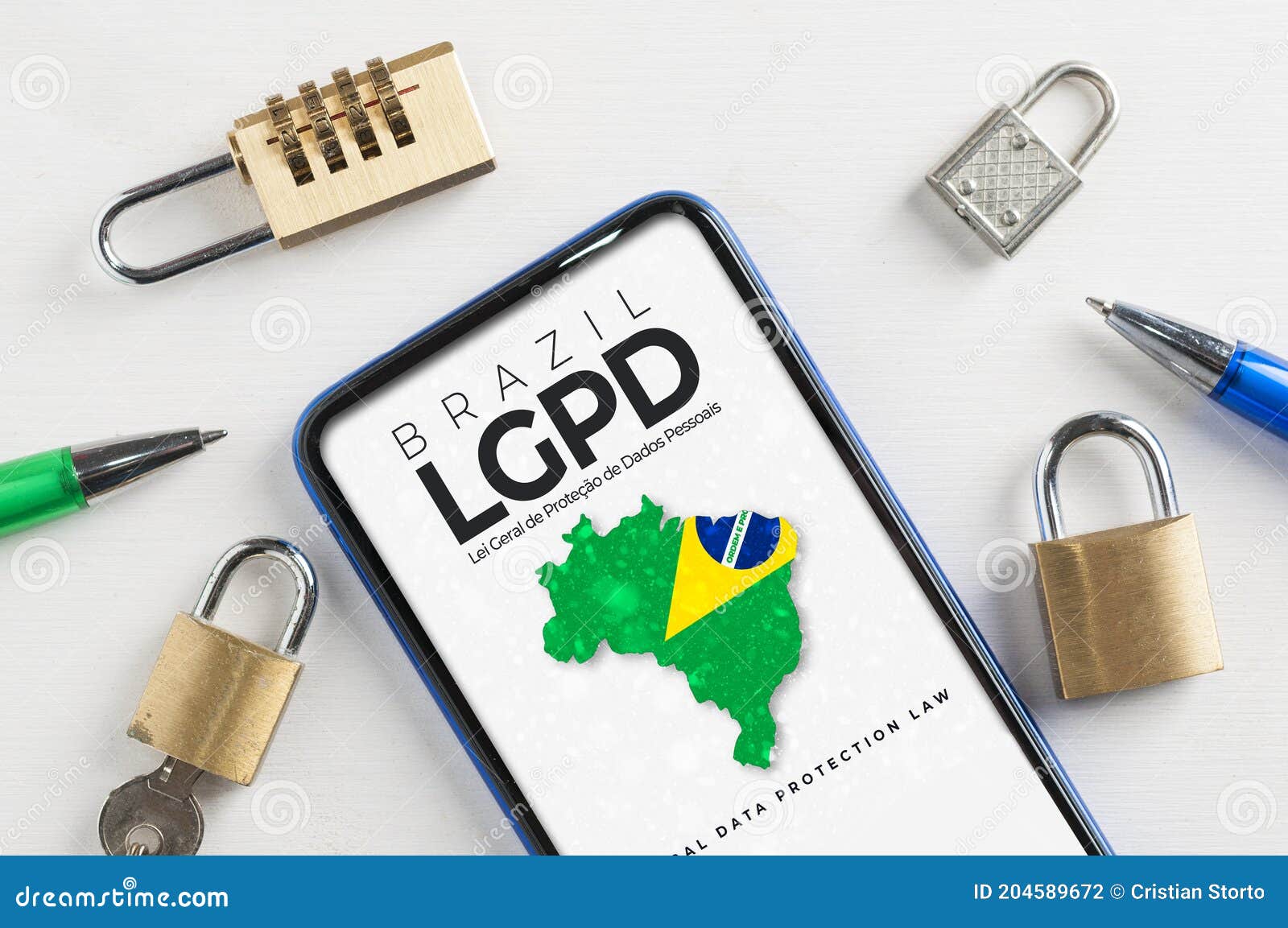 lgpd brazilian data protection law concept: smartphone sorrounded by padlocks with an imaginary page showing a link to read the