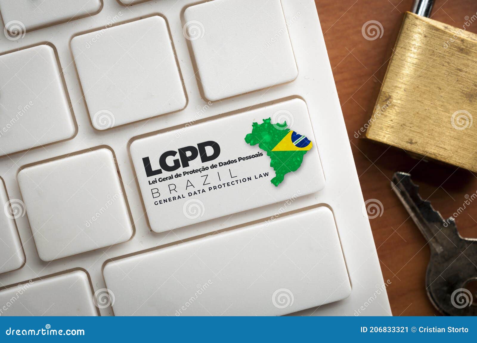 lgpd: a white keyboard with a key with text lei geral de proteÃÂ§ÃÂ£o de dados pessoais. this law regulate data protection and