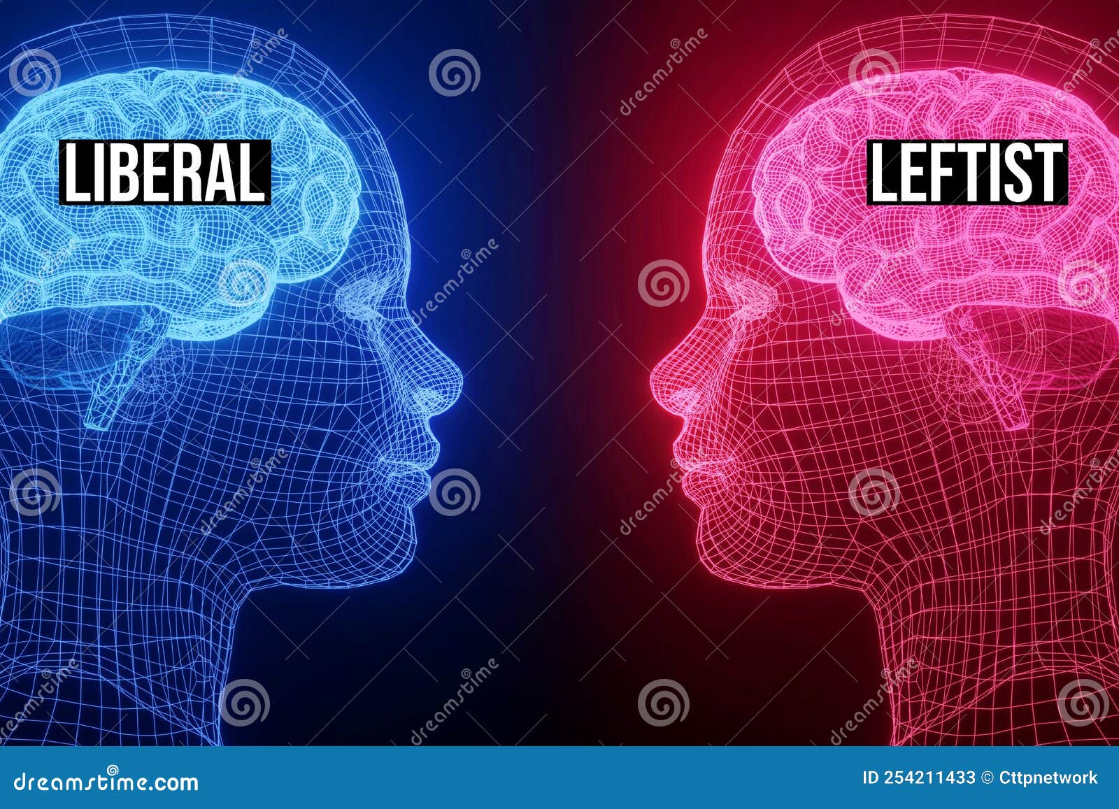 liberal vs leftist concept background with glowing brains in red and blue.