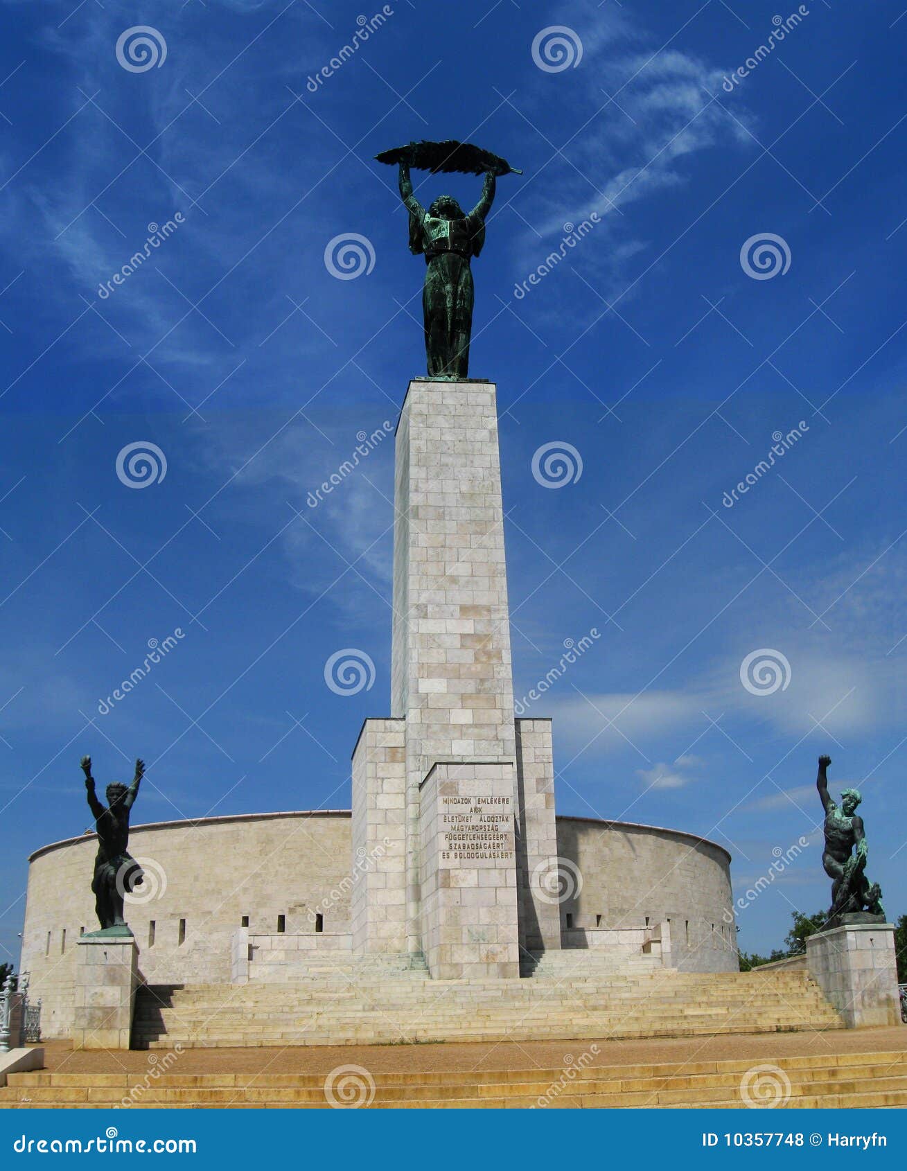 Liberation statue. Liberty Statue on Gellert Hill in Budapest, Hungary, was first erected in 1947 in remembrance of the Soviet liberation of Hungary from Nazi forces during World War II.