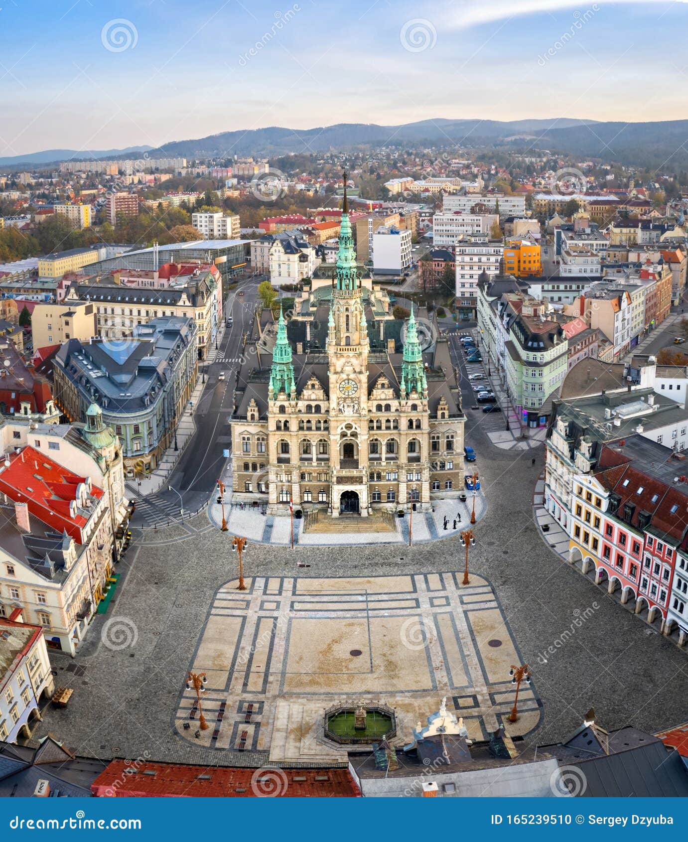 liberec, czechia. aerial view of central square and town hall