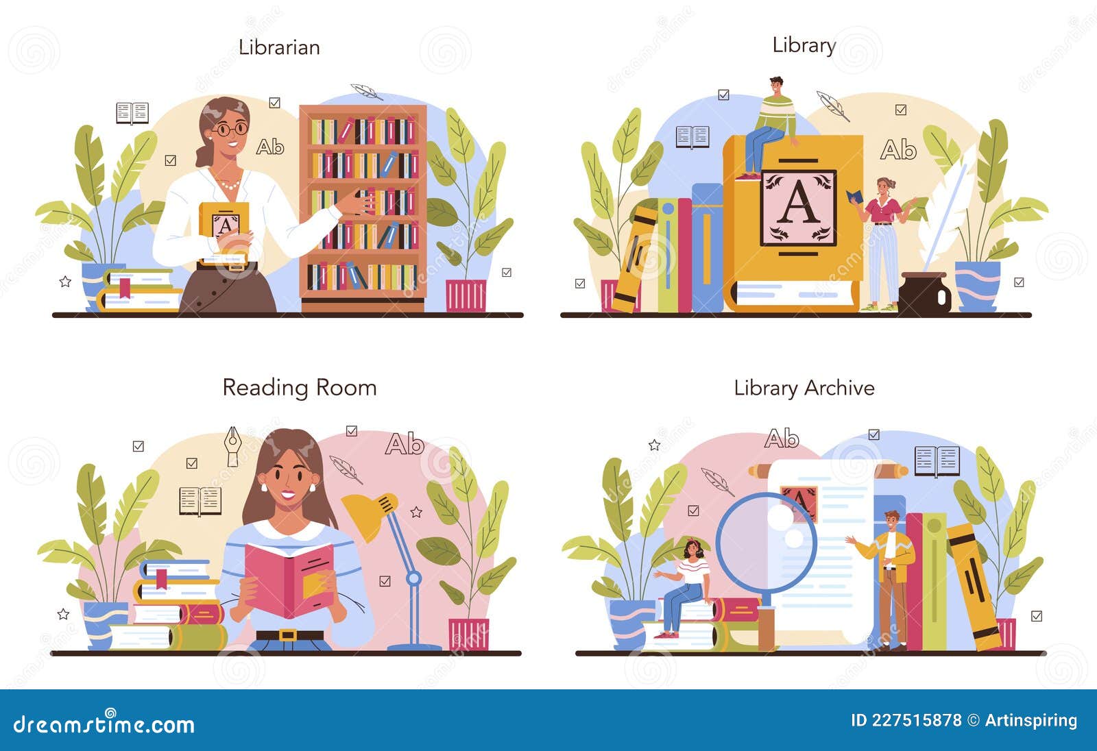 librarian concept set. library staff cataloguing and sorting books