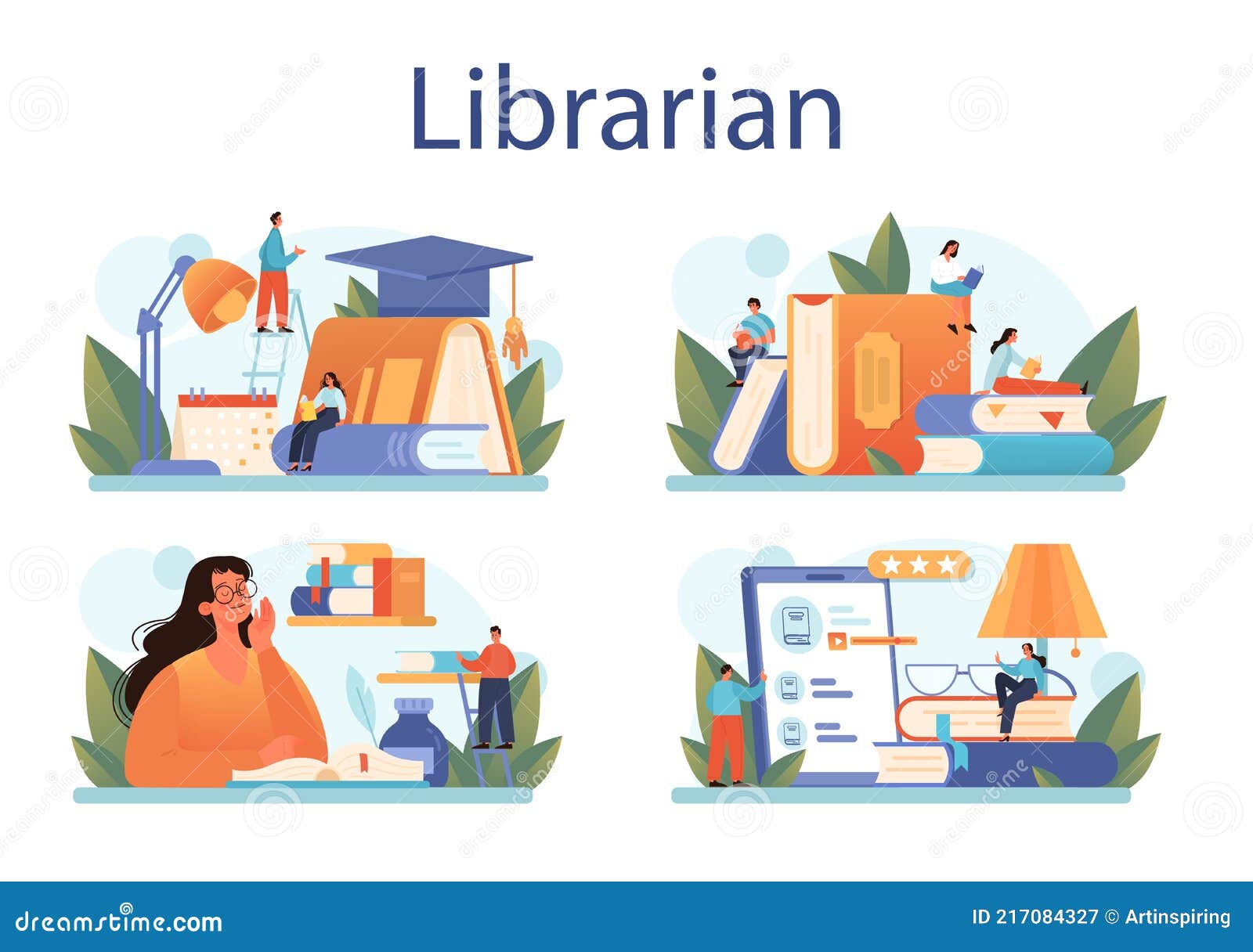 librarian concept set. library staff cataloguing and sorting books.
