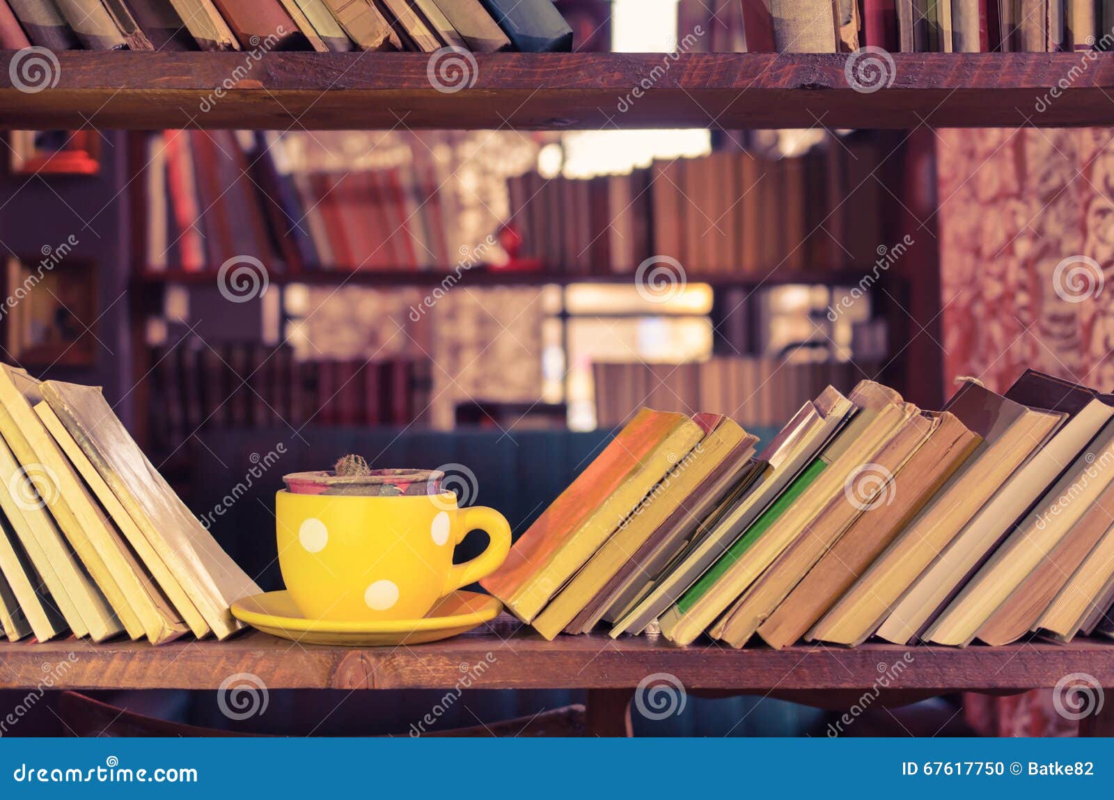 Library Bookshelf And Yellow Cup Old Fashioned Style Stock Photo