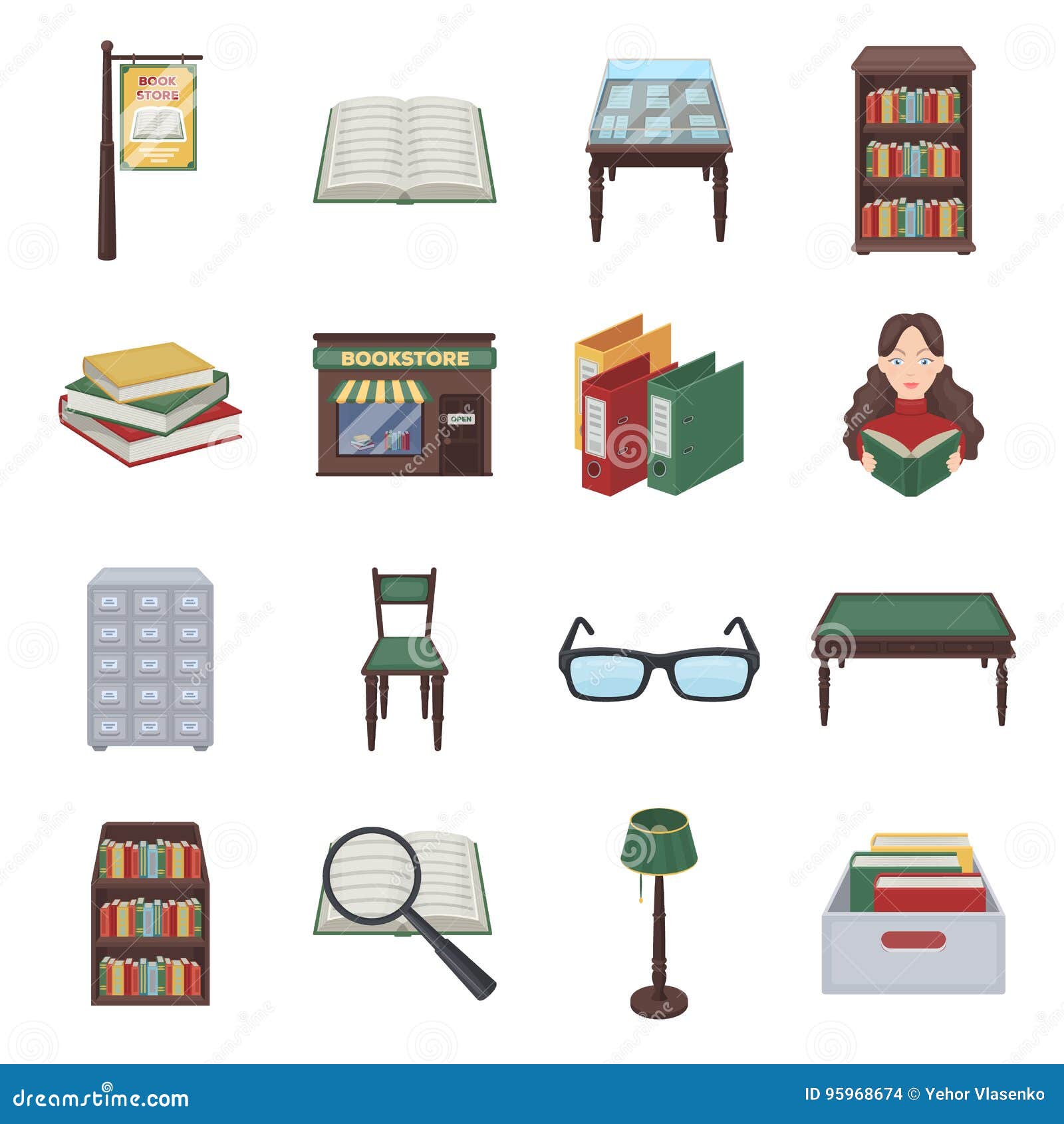 Download Library And Bookstore Set Icons In Cartoon Style. Big ...