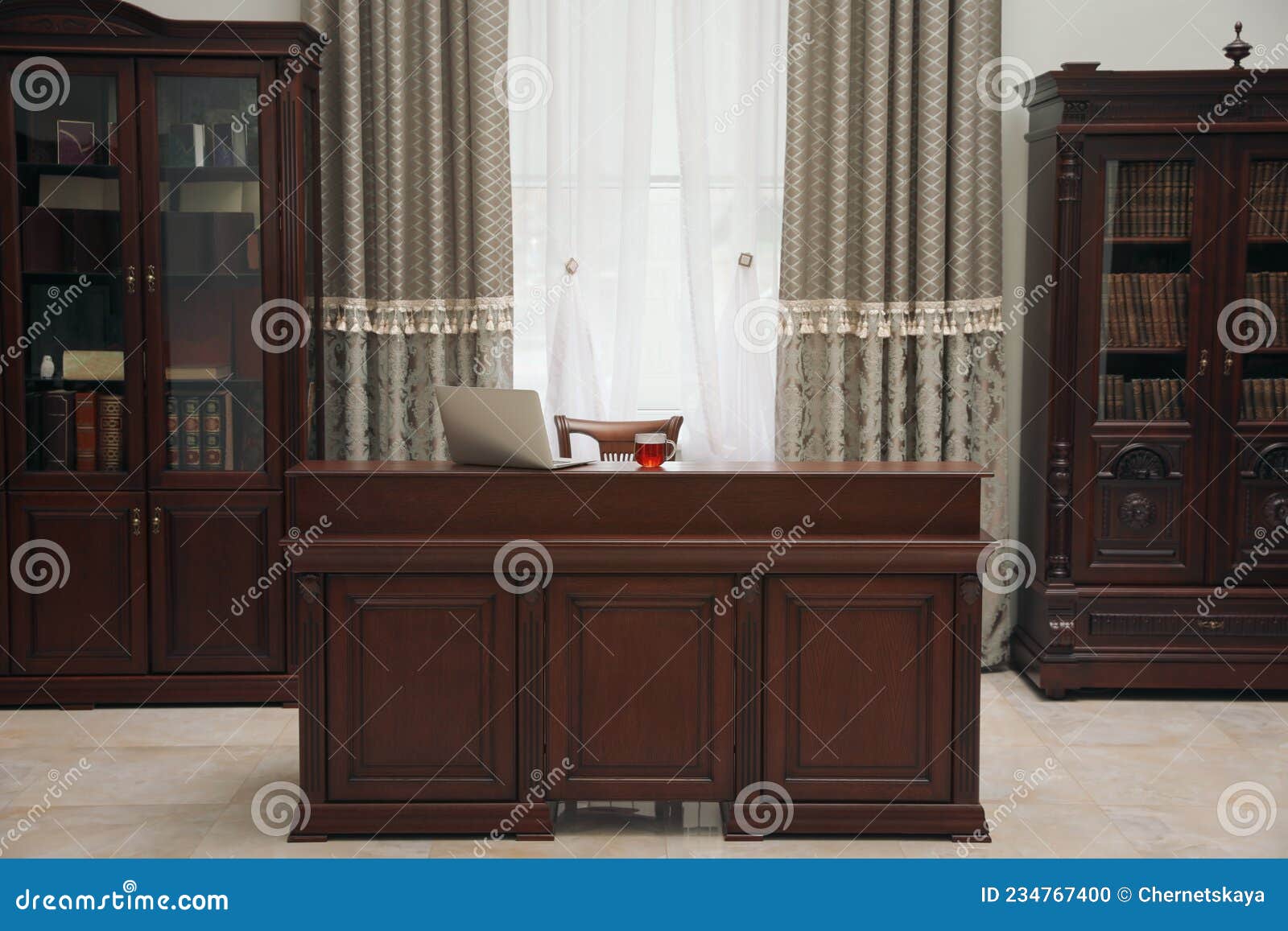Library Reading Room Interior with Wooden Bookcases and Laptop on Table Stock Photo Image of