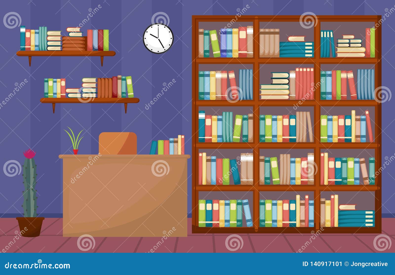 Library Room Interior Stack of Book on Bookshelf Flat Design Stock