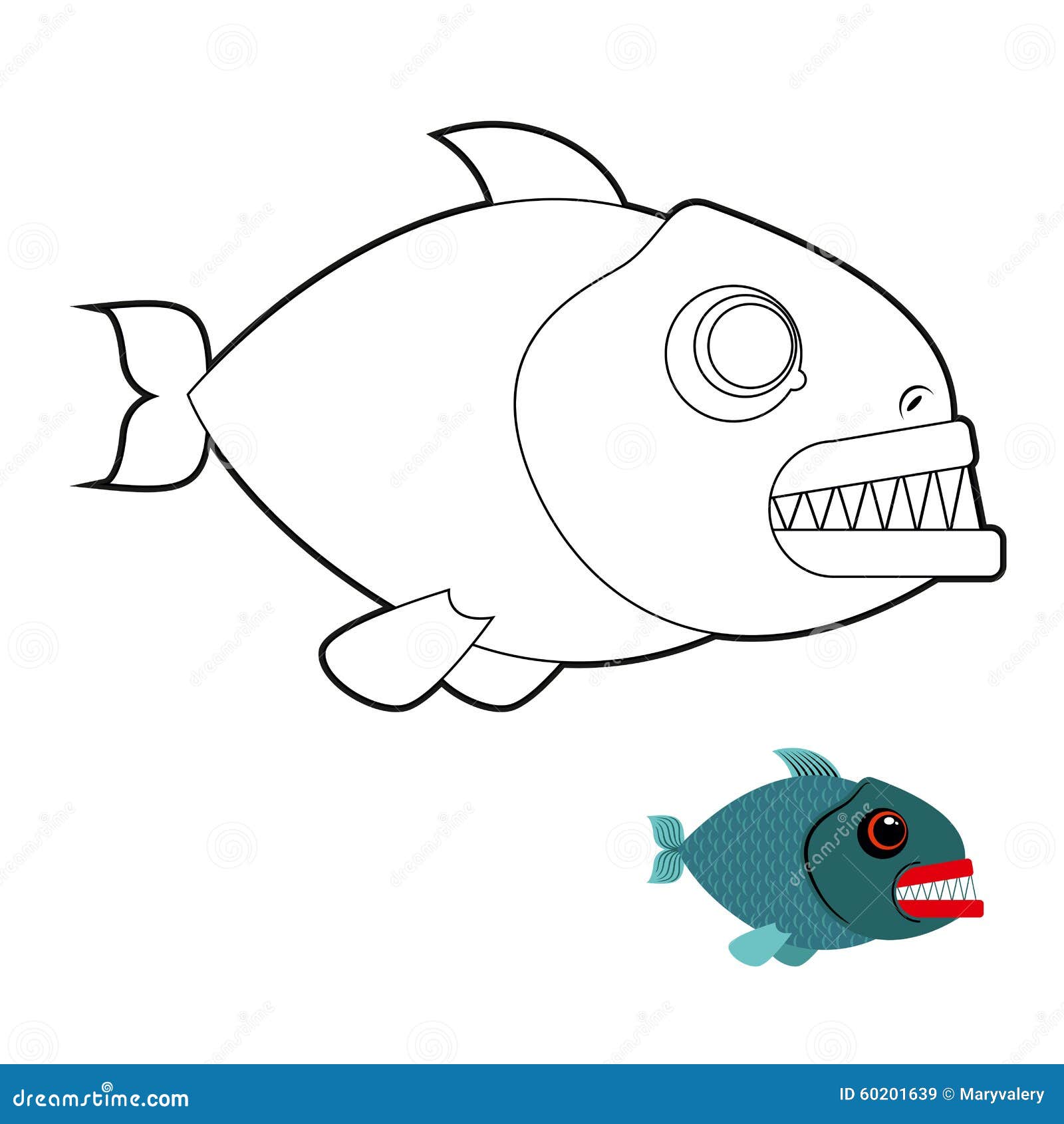 Libro da colorare del piranha Pesce di mare terribile con i grandi denti Angr Immagini Stock