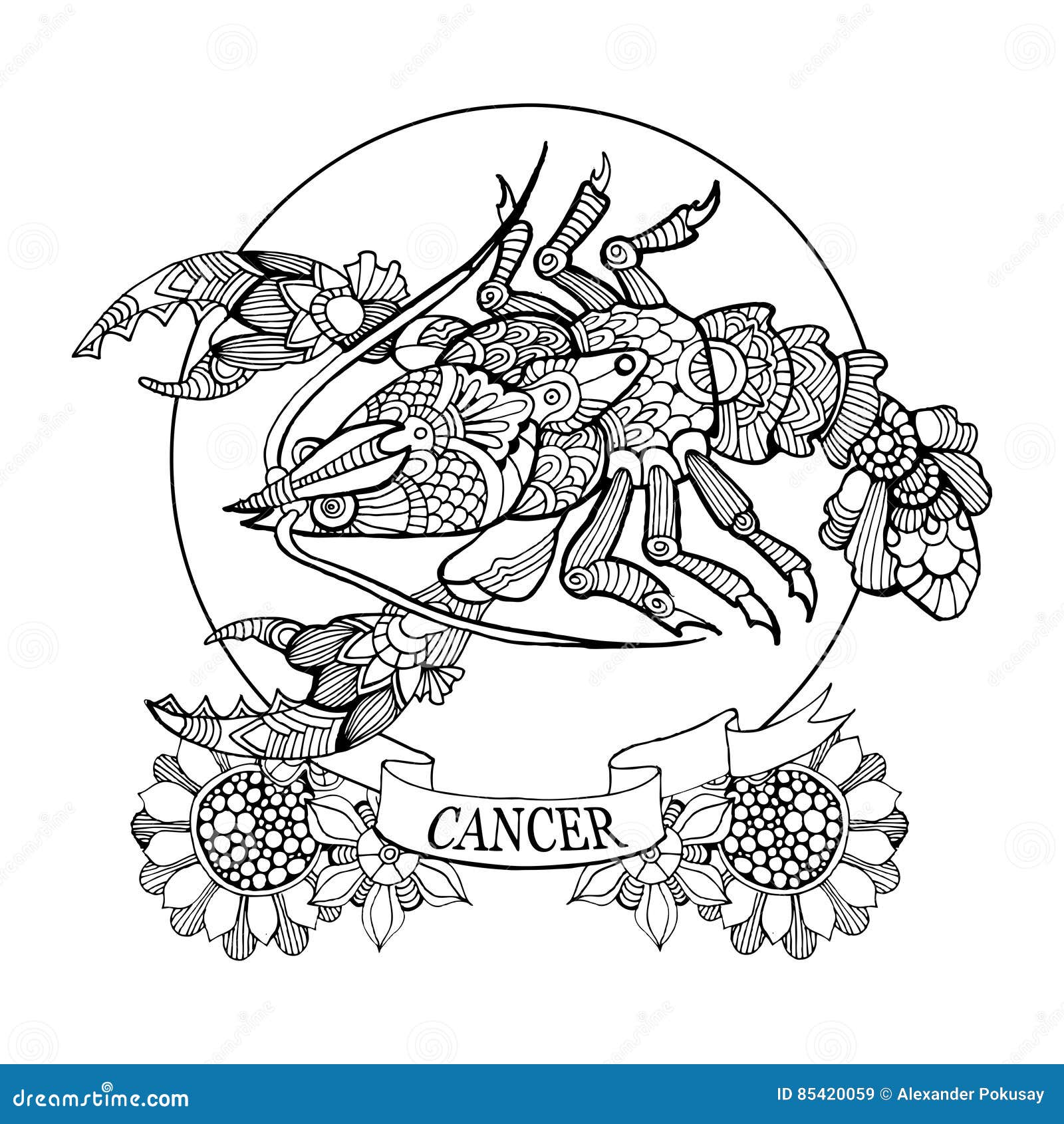 Libro da colorare del segno dello zodiaco del Cancro per il vettore degli adulti