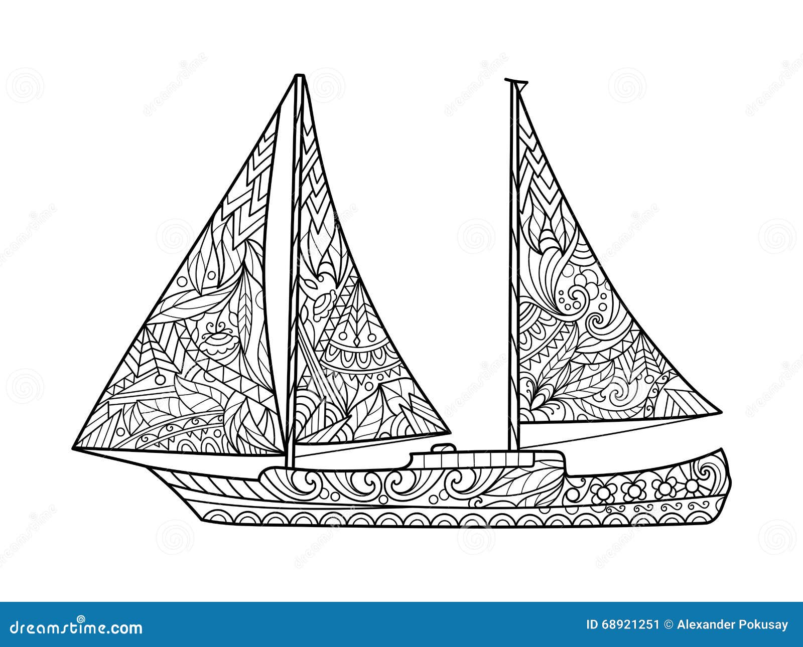 Libro da colorare della barca a vela per il vettore degli adulti
