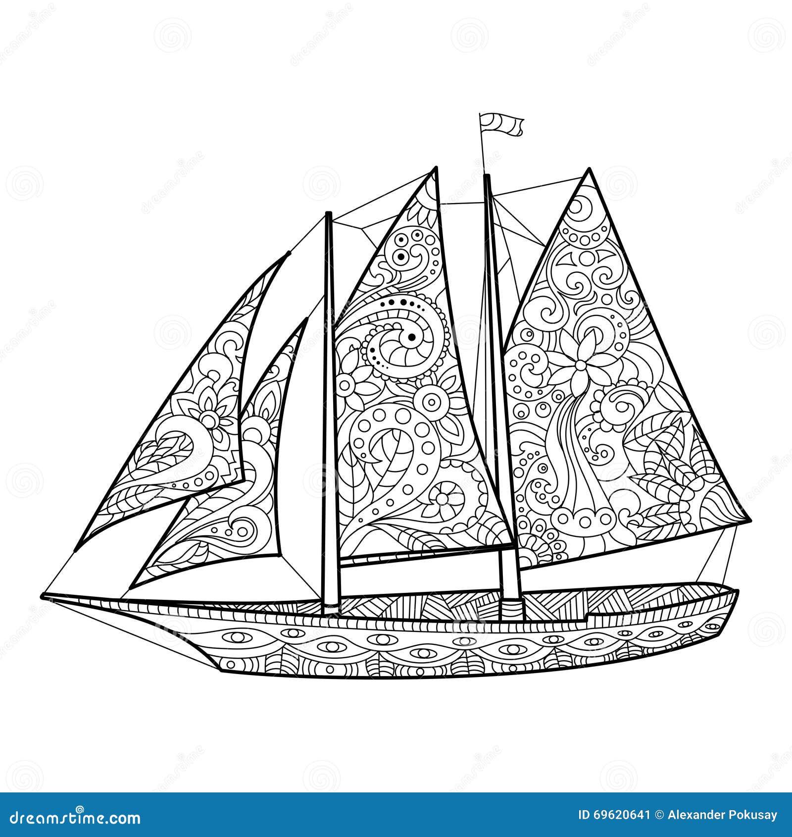 Libro da colorare della barca a vela per il vettore degli adulti
