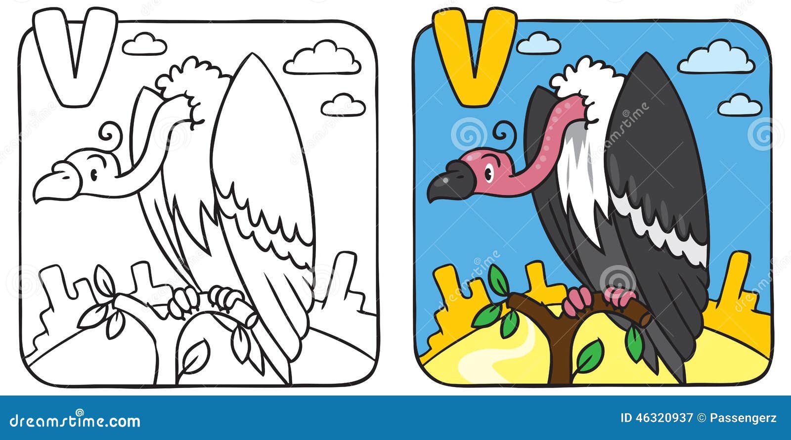 Libro da colorare divertente dell avvoltoio Alfabeto V
