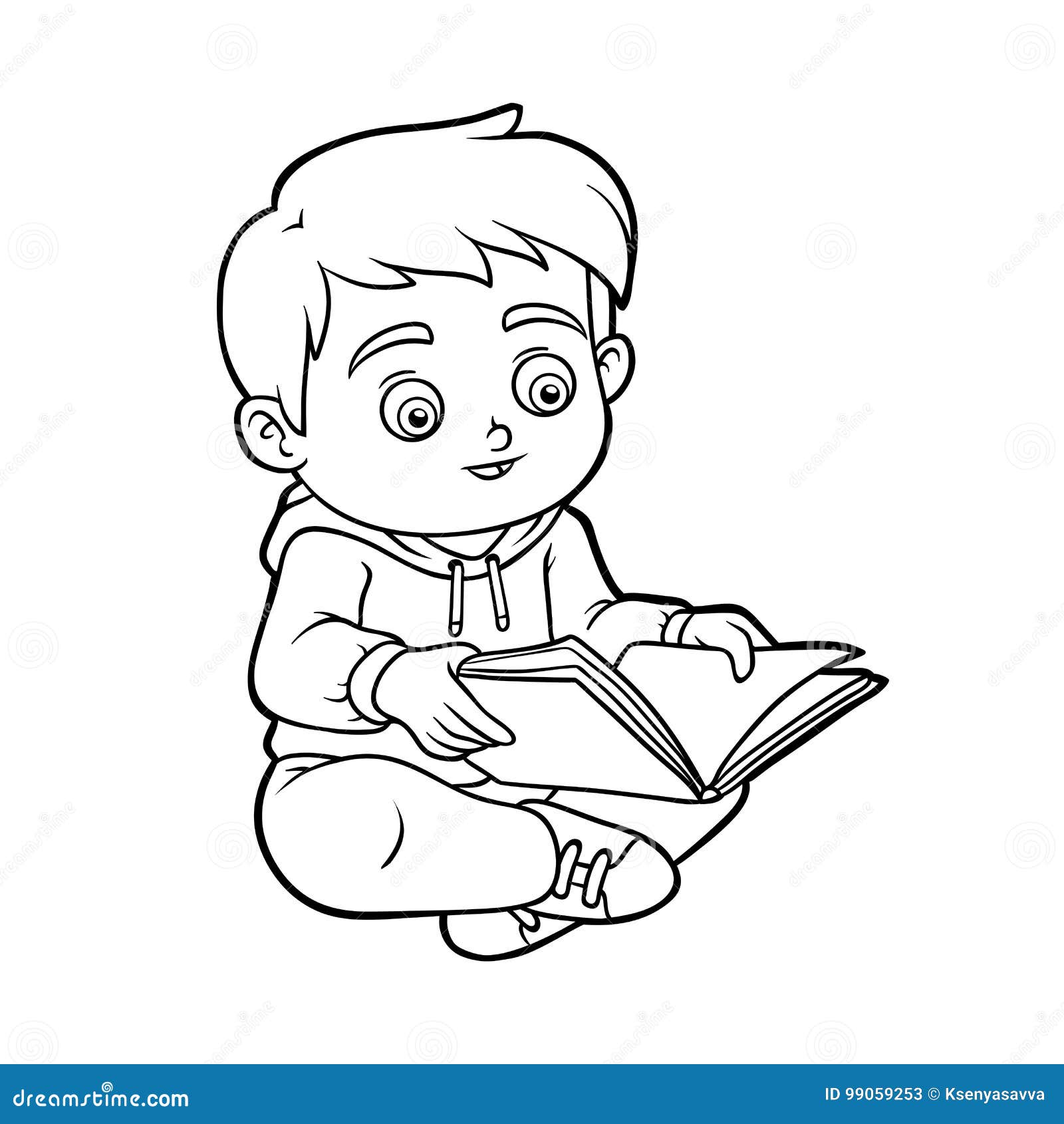 Libro da colorare giovane ragazzo che legge un libro
