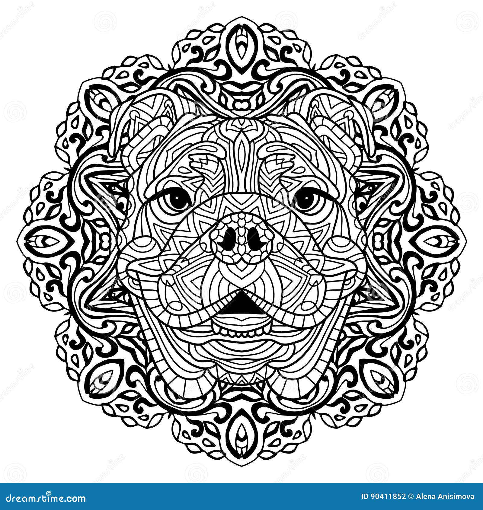 Libro da colorare per gli adulti La testa di un cane con un modello circolare Zenart