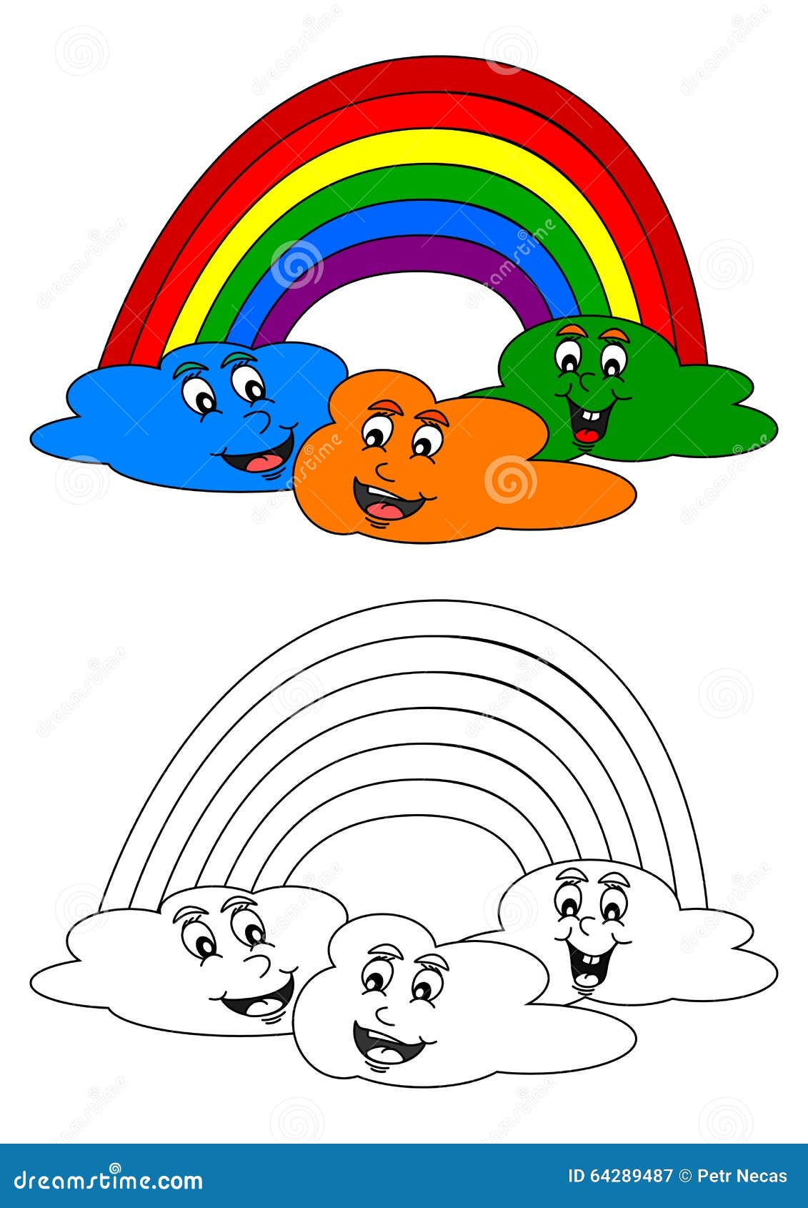 Libro da colorare per i bambini con l arcobaleno e nuvole allegre