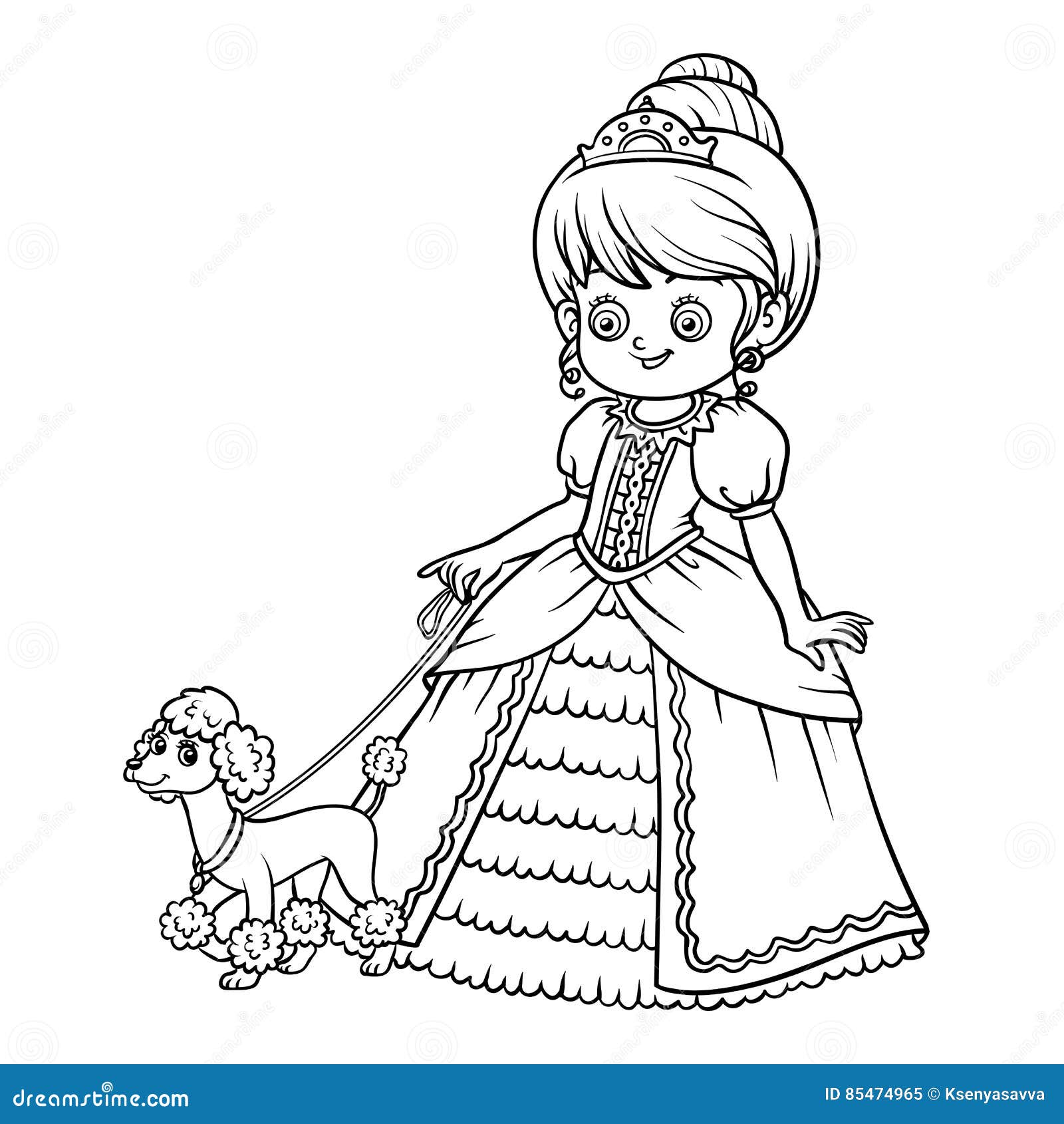 Libro da colorare personaggio dei cartoni animati principessa con il barboncino Fotografia Stock Libera