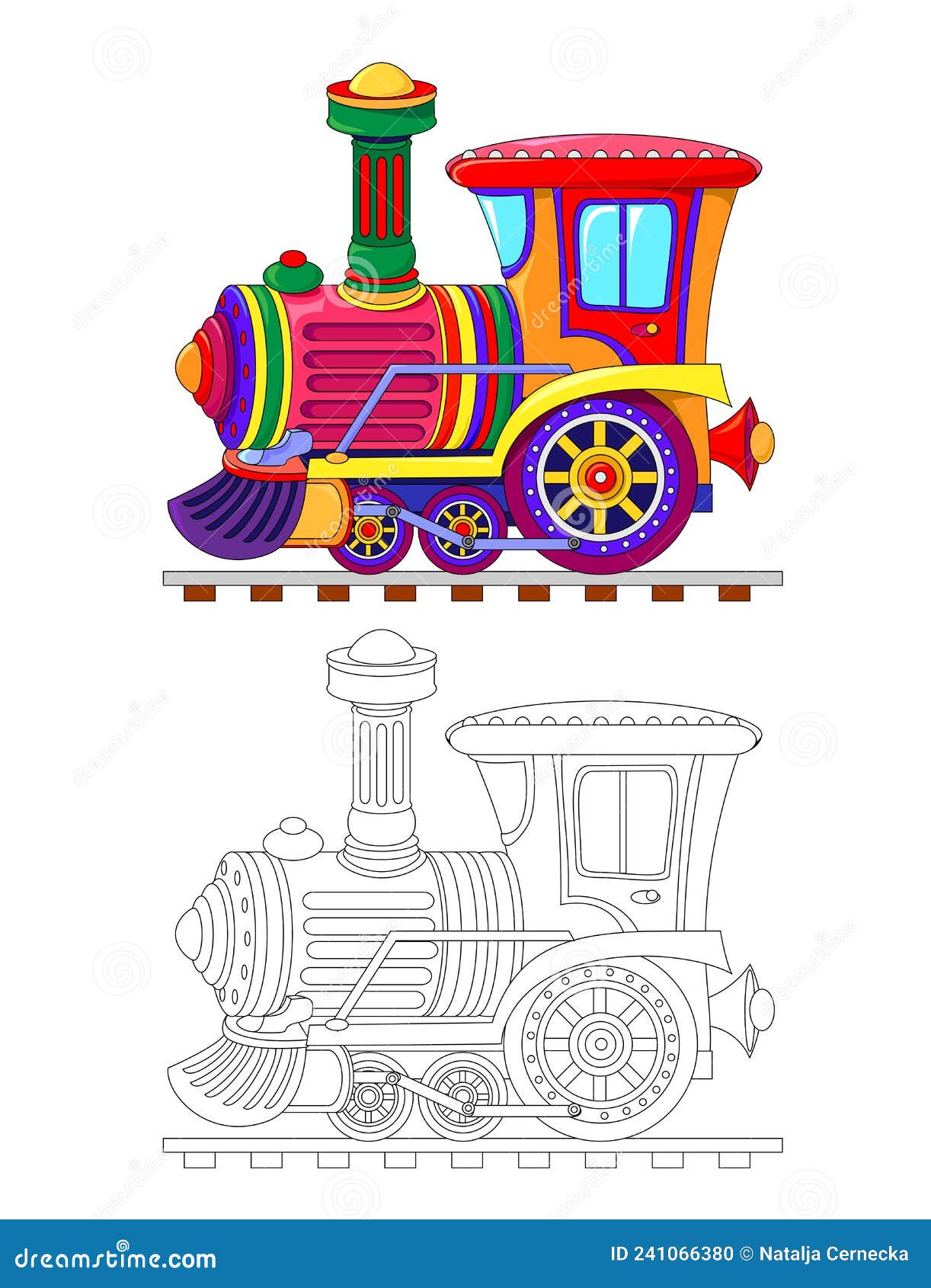 Libro De Coloración Niños. Lindo Modelo De Locomotora De De Plantilla Coloreada Y En Blanco Y Negro Para Color Ilustración del Vector Ilustración de rueda, vector: 241066380