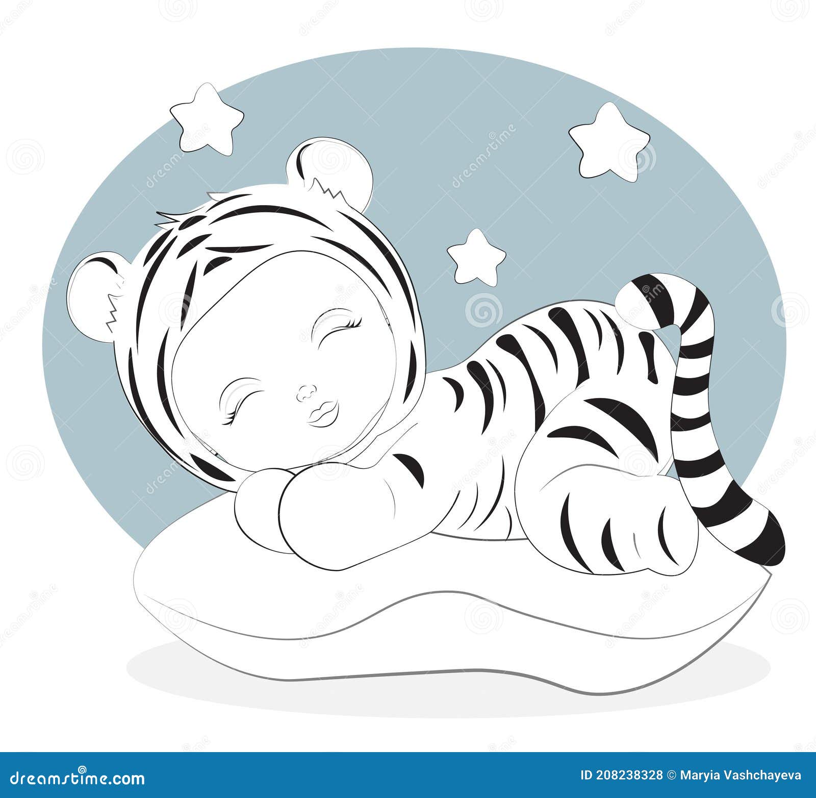 Libro Para Colorear Bebé Tigre Durmiendo Ilustración del Vector -  Ilustración de pijamas, animales: 208238328
