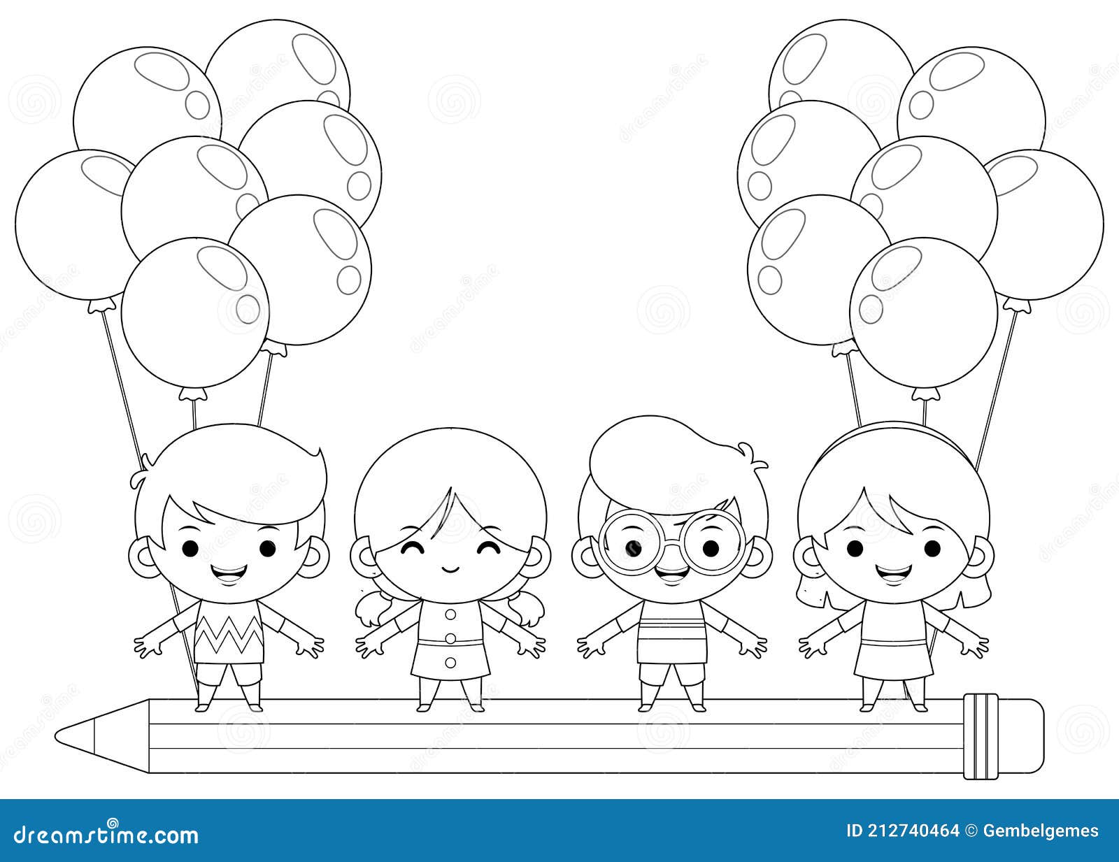 Libro Para Colorear Para Niños. Dibujos Animados Cuatro Niños Montados En  Un Lápiz Volador Ilustración del Vector - Ilustración de aprendizaje,  kindergarten: 212740464