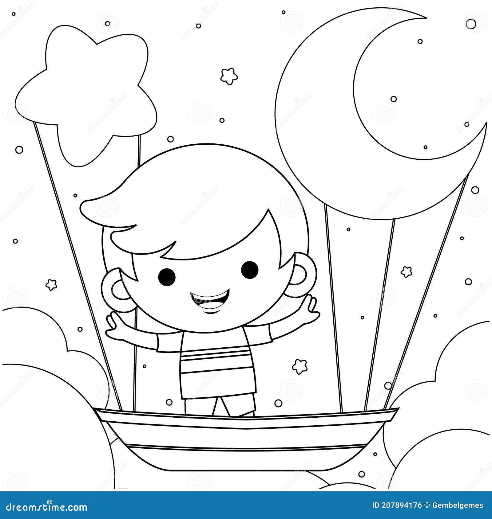 Libro Para Colorear Para Niños. Dibujos Animados Lindo Niño Montando En  Barco Volador En La Noche Ilustración De Vectores Ilustración del Vector -  Ilustración de lindo, sonrisa: 207894176