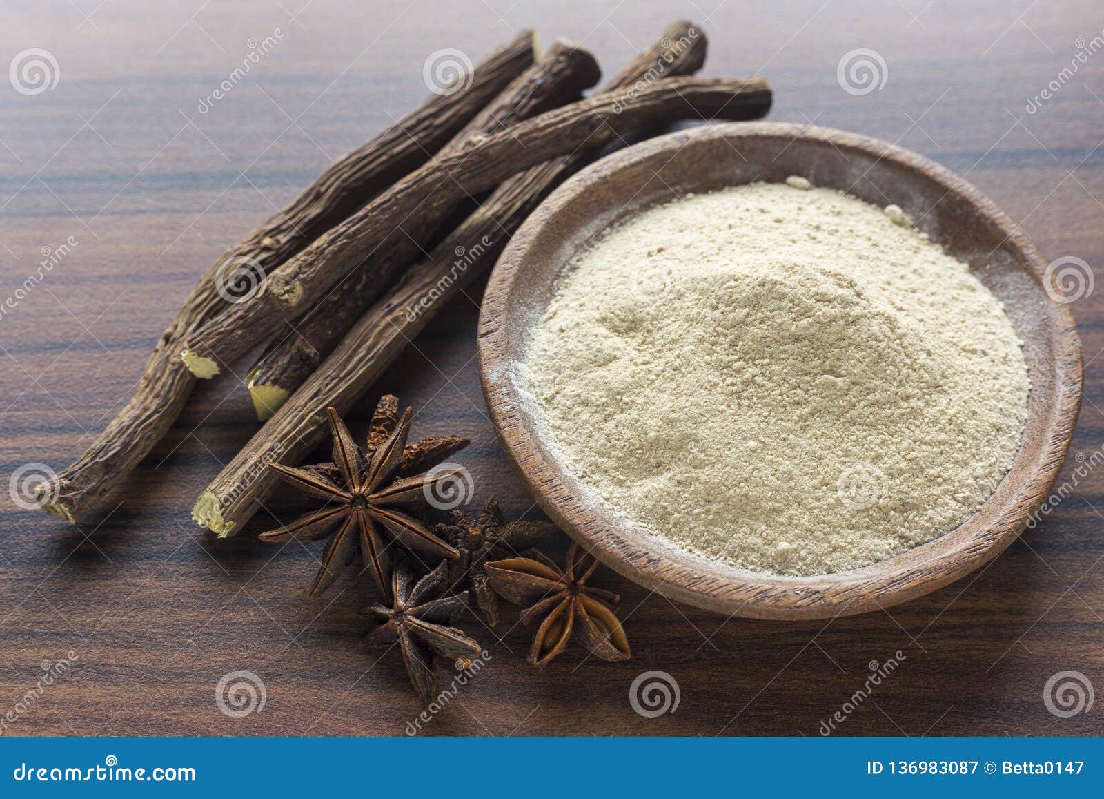 Licorice Root and Flour and Anise on the Table Stock Image Image of