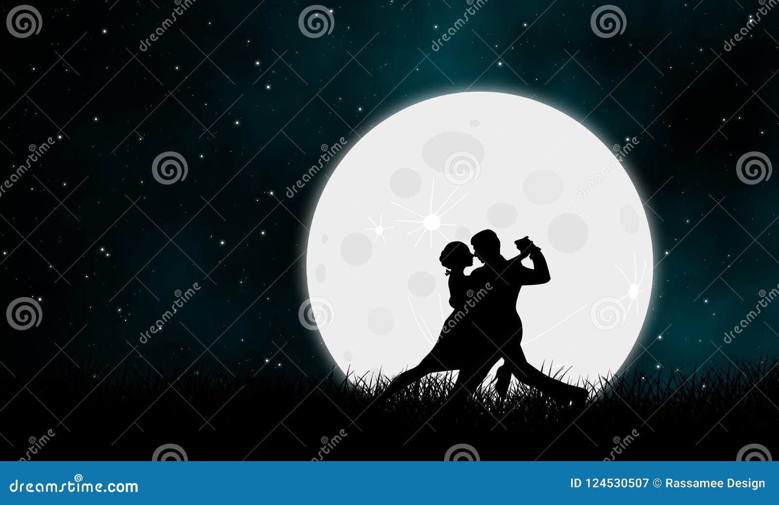 Liebhabertanz mit dem Mond auf grassfield in der sternenklaren Nacht. Liebhabertanz mit dem Mond auf grassfield im sternenklare Nachtillustrationszusammenfassungs-Designhintergrund