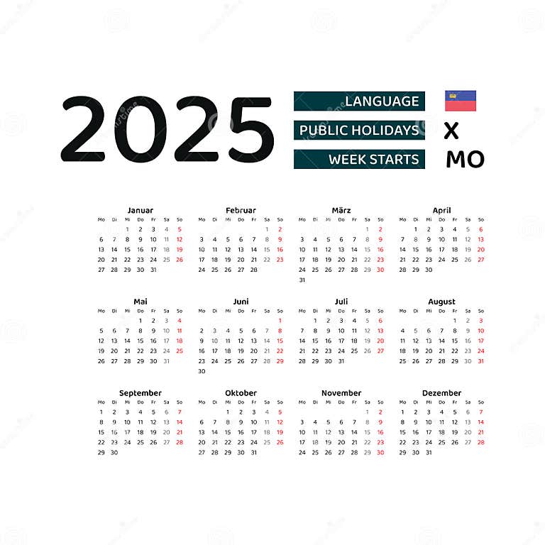 Liechtenstein Calendar 2025. Week Starts from Monday. Vector Graphic