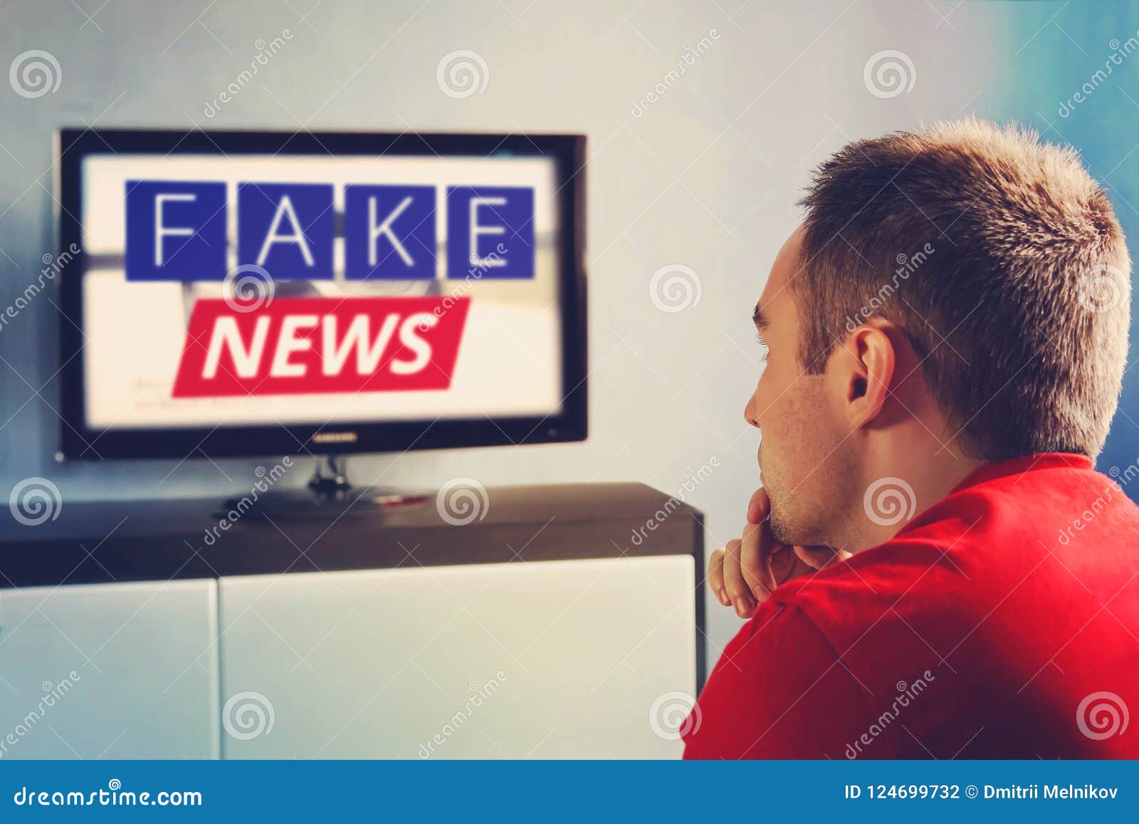 lies of tv propaganda mainstream media disinformation, a fake news report. viewer is watching tv and doesn`t believe in fake news