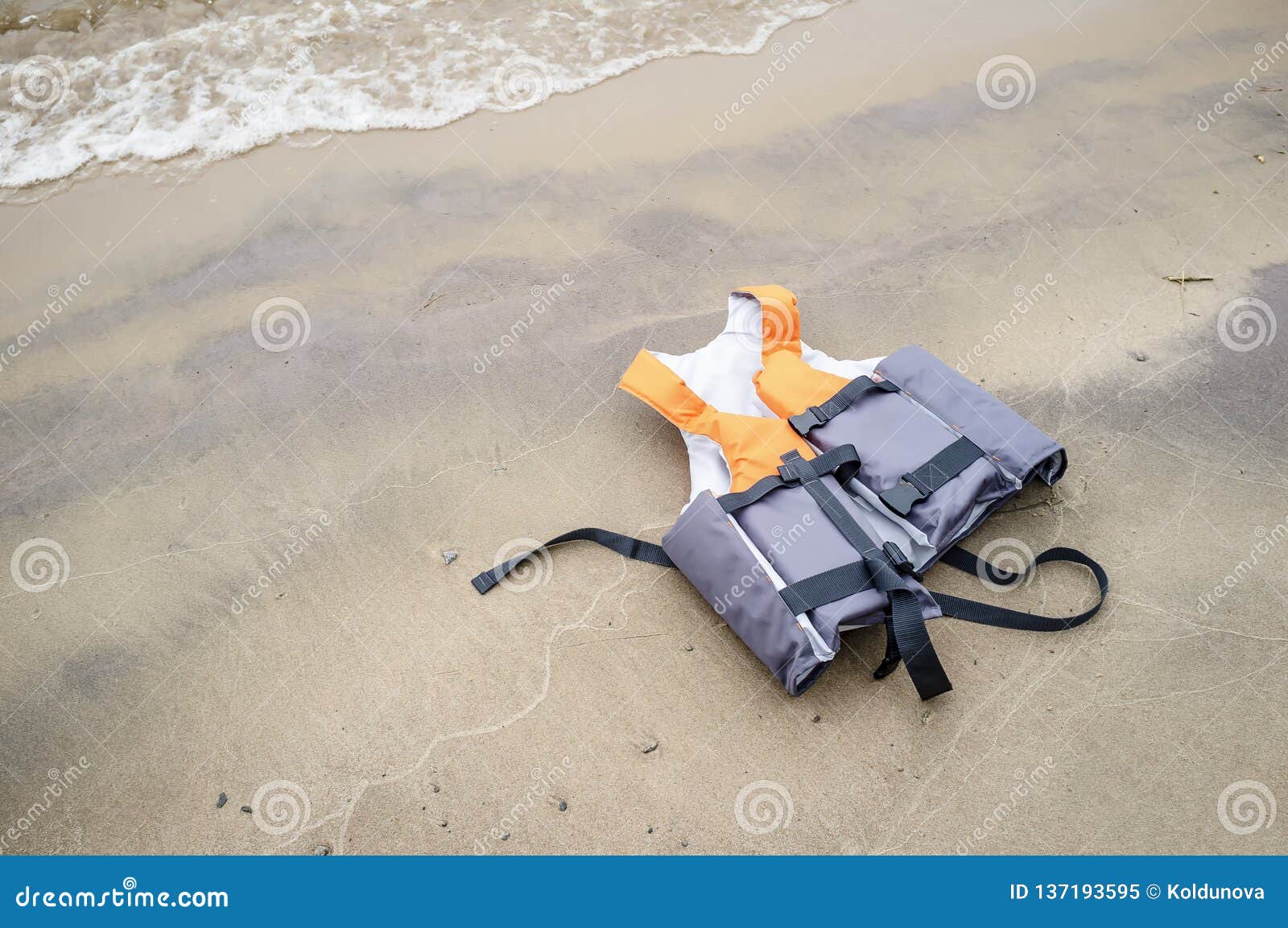 Life Jacket Lies a Sandy Beach on the Lake Stock Image Image of lake