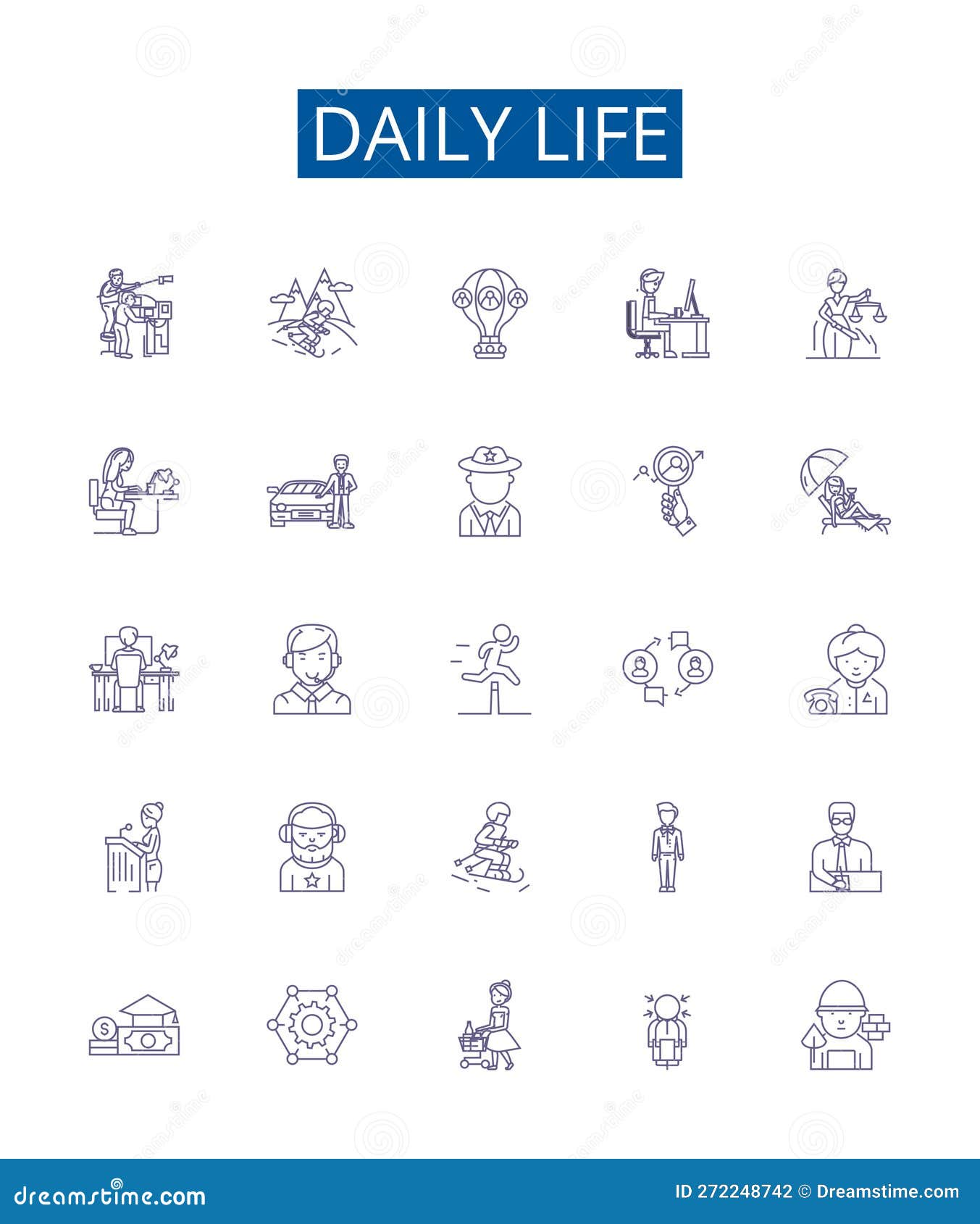 daily life line icons signs set.  collection of routine, daily, habits, everyday, normal, usual, commonplace