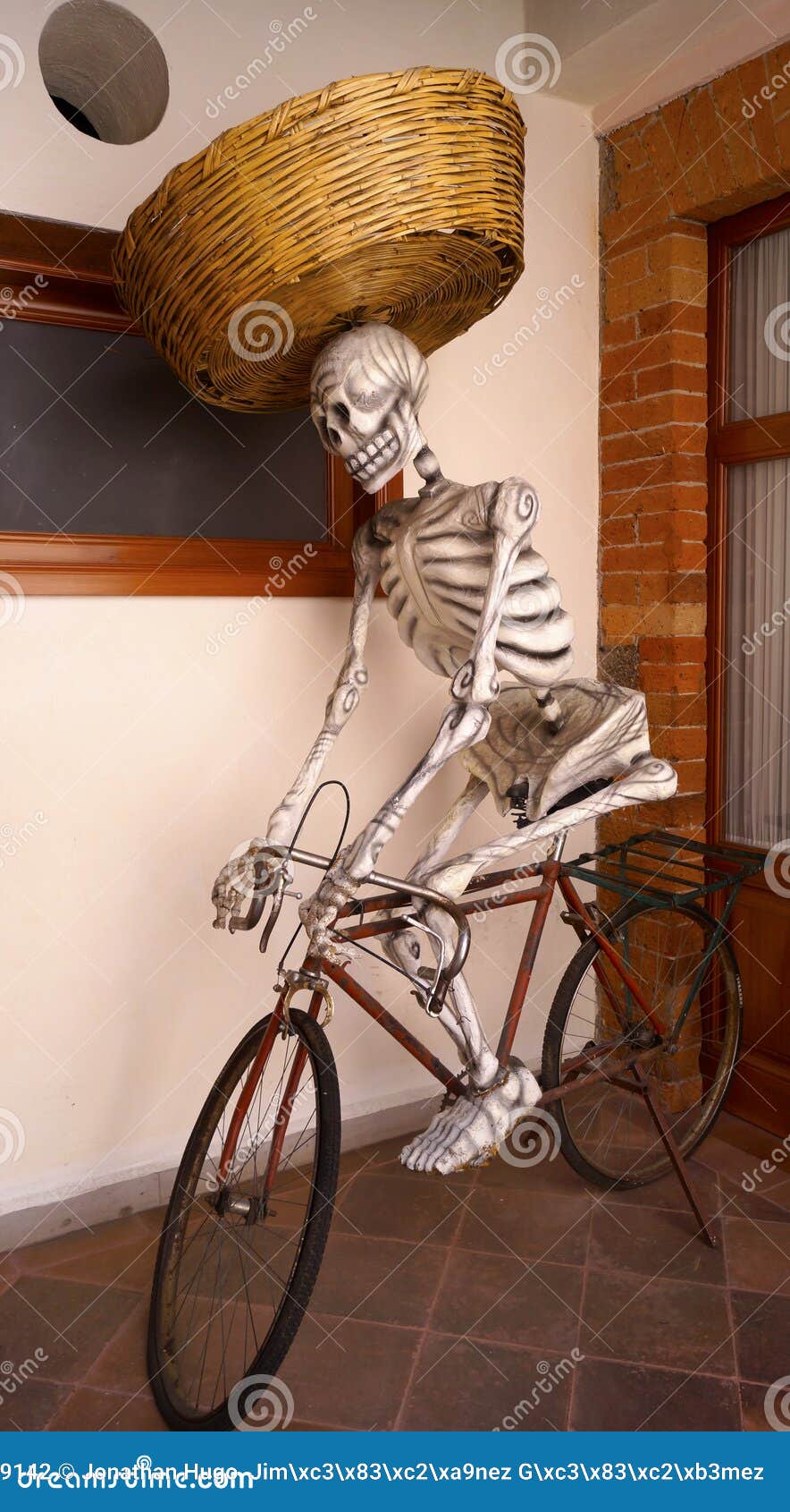 life size skeleton riding a bike as a bread seller day of the dead character