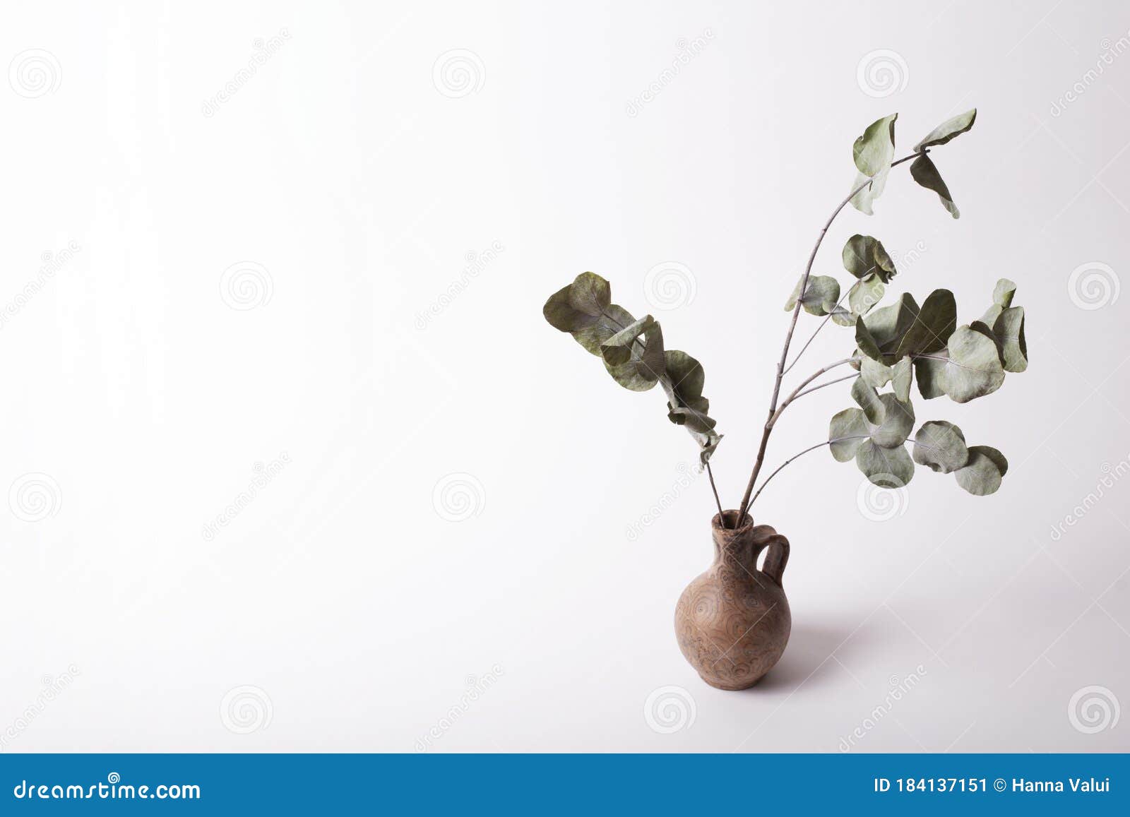 life style inspiration. stock photo with empty space for text on the left. vase and dry eucalyptus populus branches