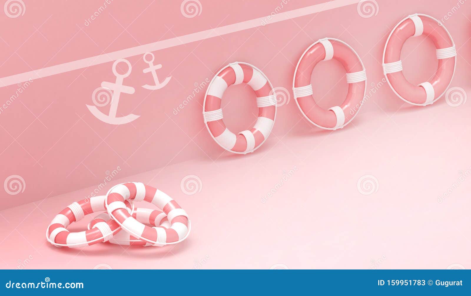 lifebuoy and anchor summer holidays creative concept ,salvavidas,help, safety, security,life buoy on pink pastel background